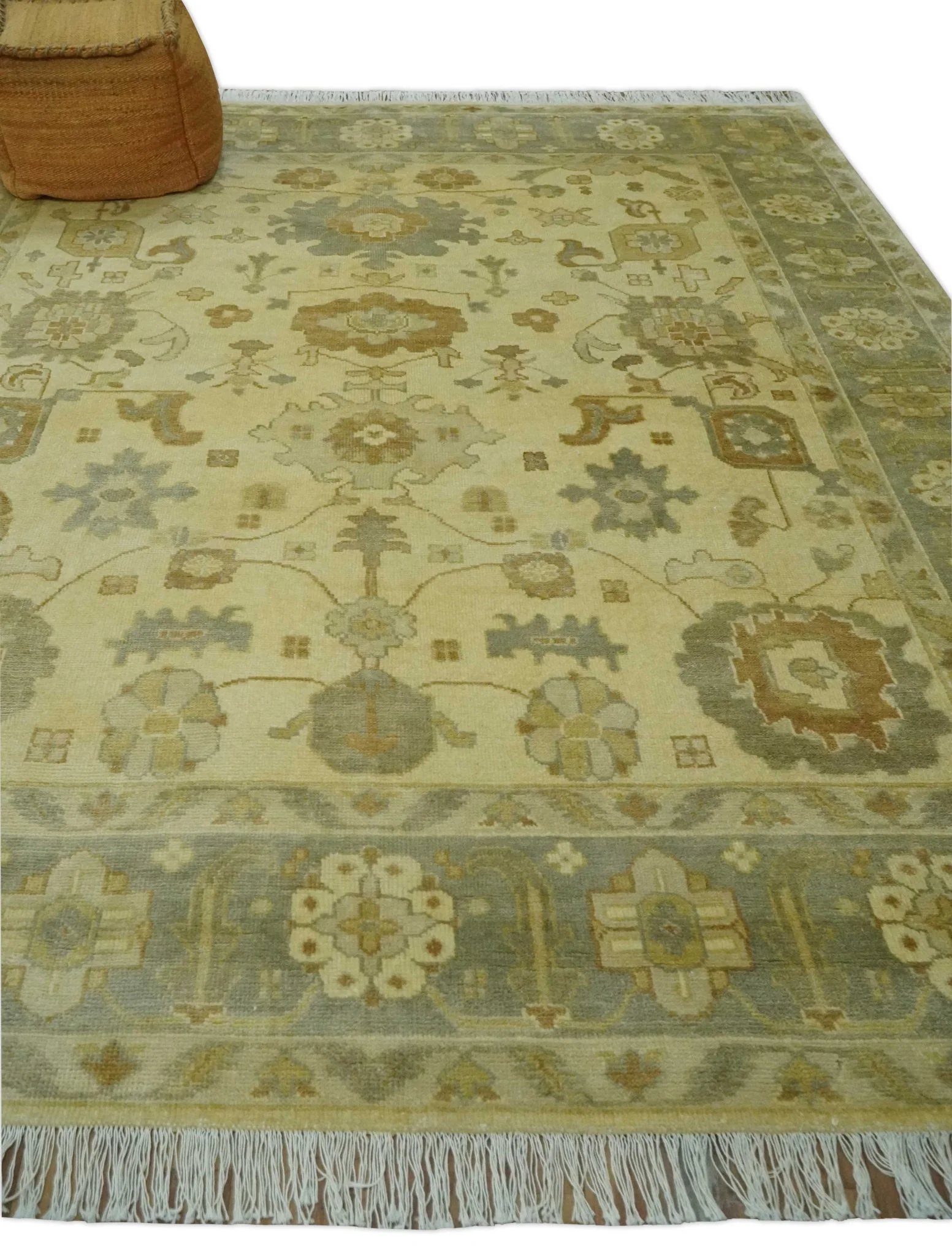 Olive, Beige and Gray Hand Knotted Traditional Oushak 8x10 wool Area Rug - Image 3