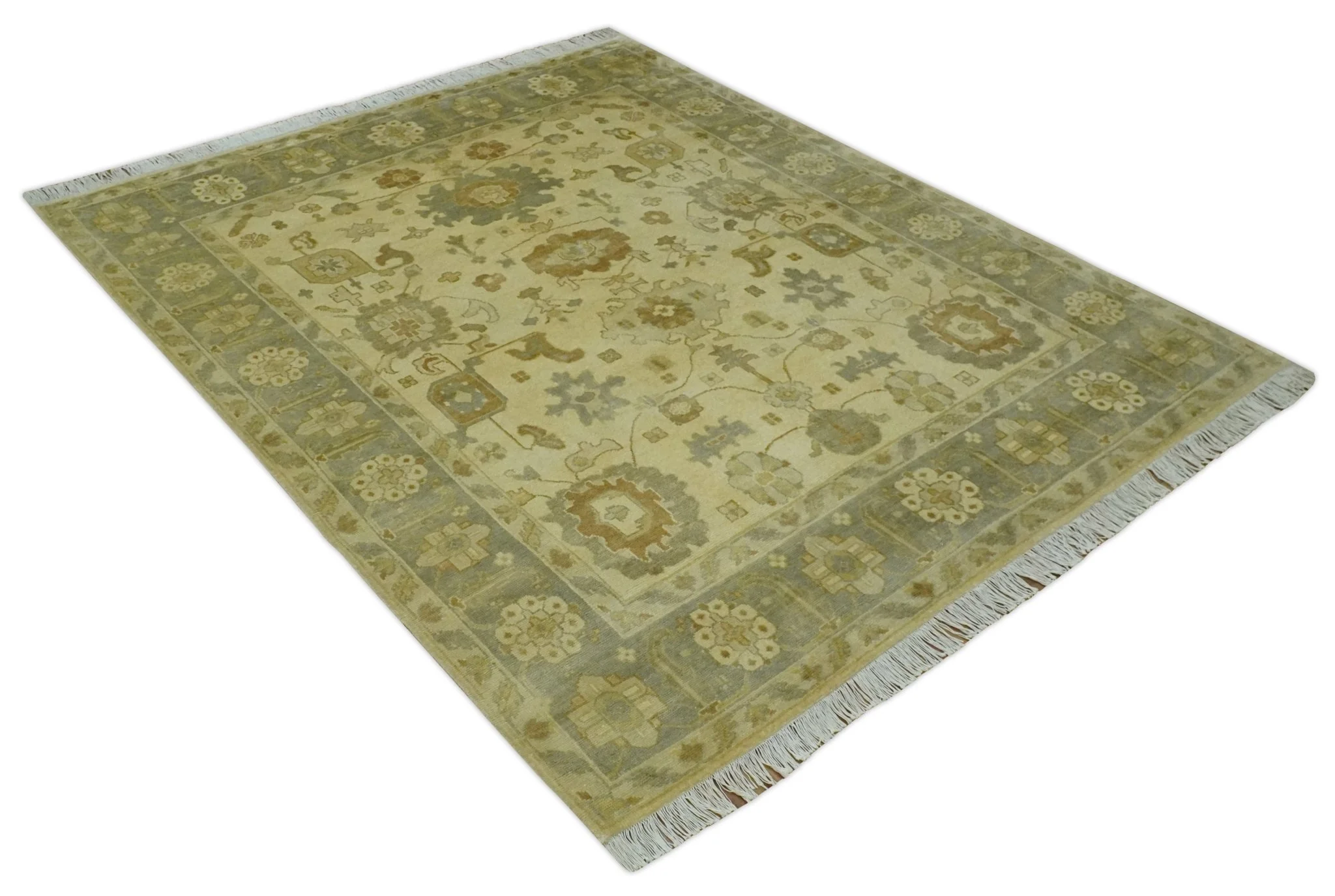 Olive, Beige and Gray Hand Knotted Traditional Oushak 8x10 wool Area Rug - Image 9
