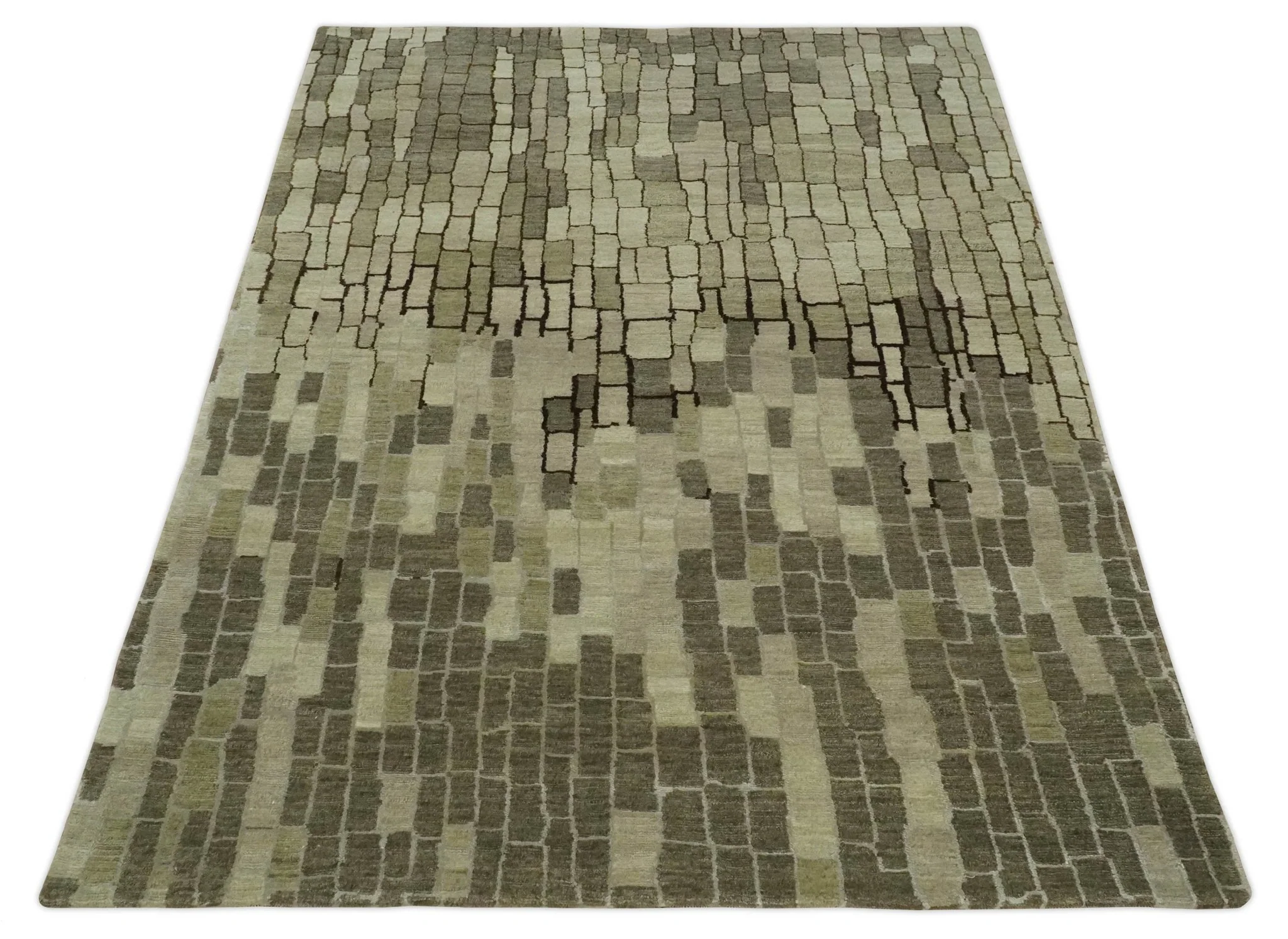 Olive, Beige, Charcoal and Ivory Modern Geometrical Brick Design 4.6x6.6 wool and Art Silk Area Rug - Image 10