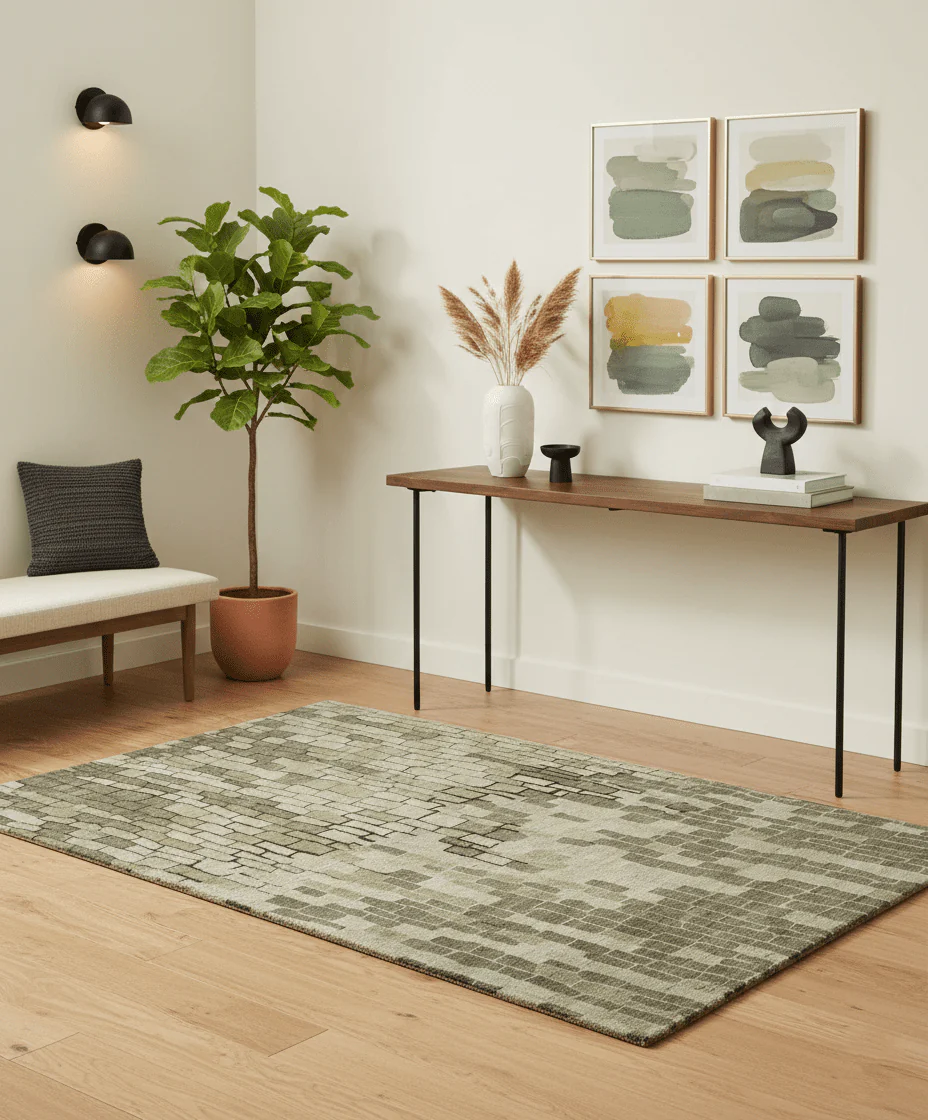 Olive, Beige, Charcoal and Ivory Modern Geometrical Brick Design 4.6x6.6 wool and Art Silk Area Rug - Image 2