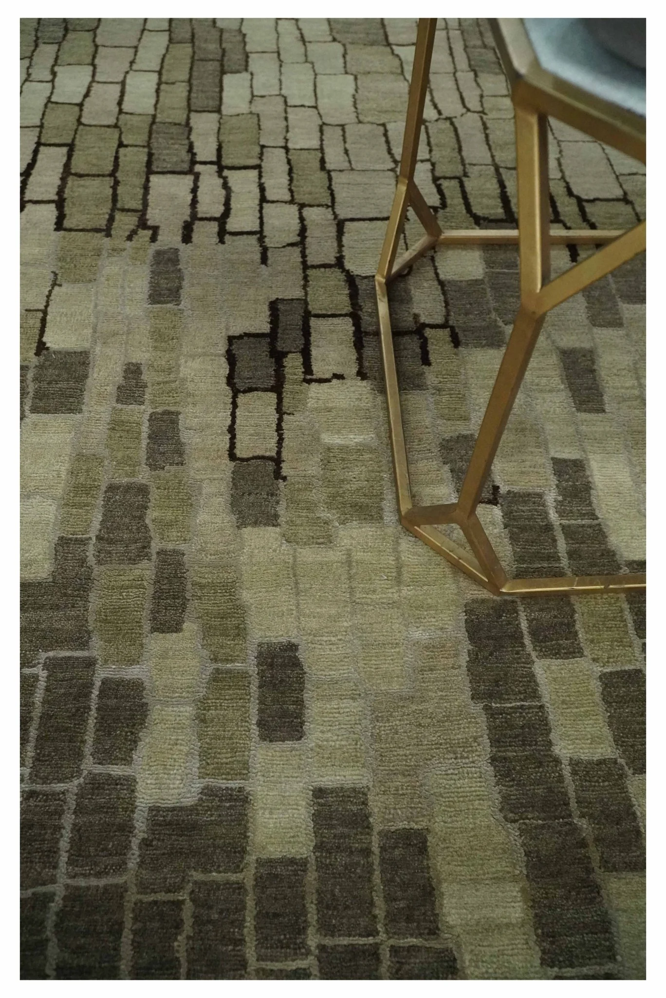 Olive, Beige, Charcoal and Ivory Modern Geometrical Brick Design 4.6x6.6 wool and Art Silk Area Rug - Image 3