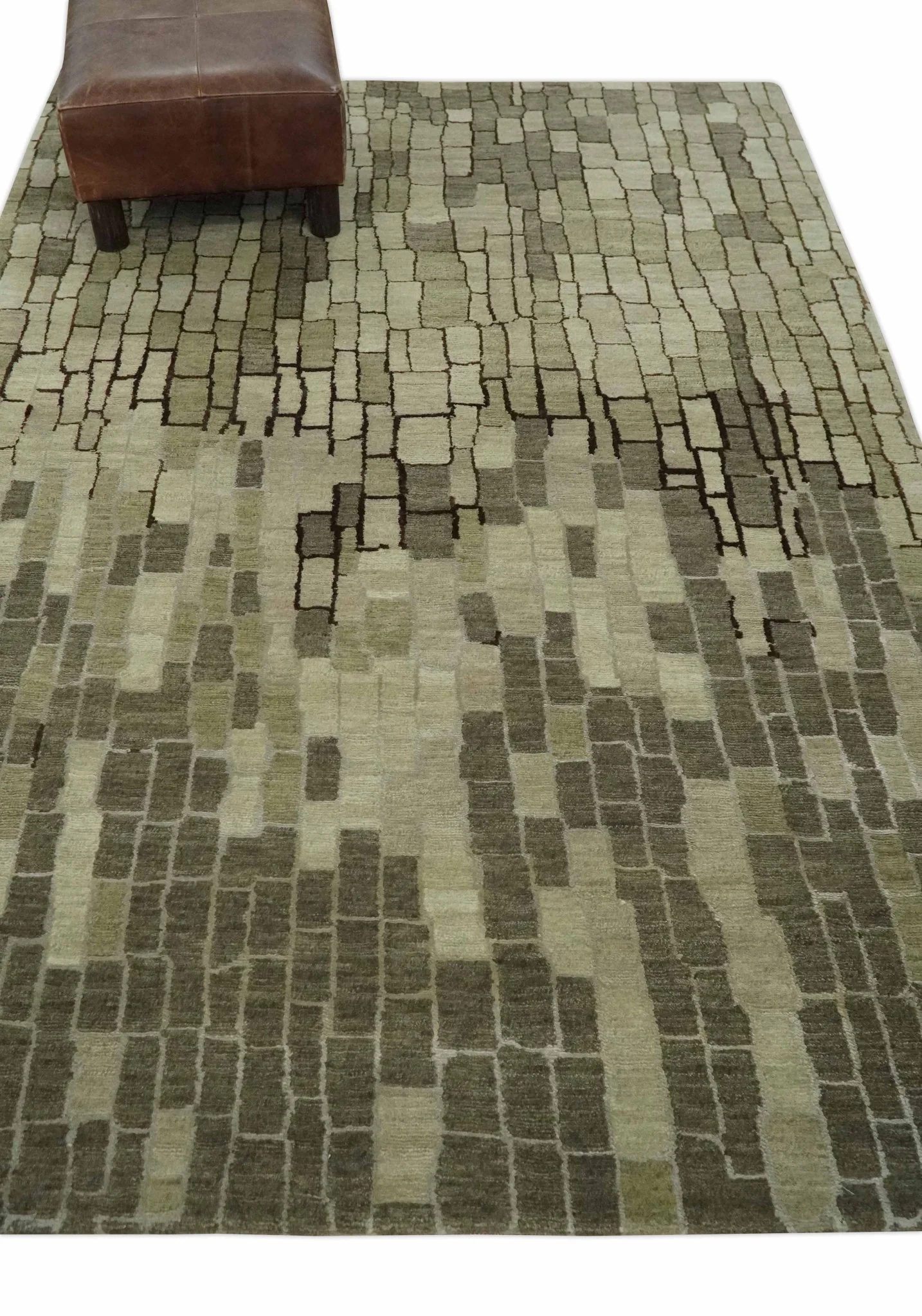 Olive, Beige, Charcoal and Ivory Modern Geometrical Brick Design 4.6x6.6 wool and Art Silk Area Rug - Image 4