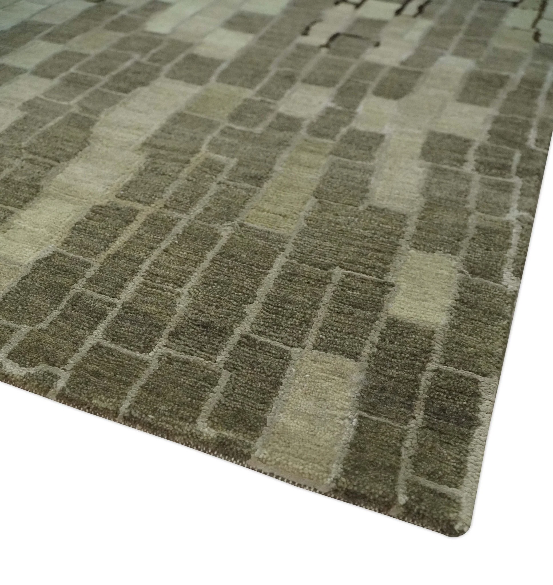 Olive, Beige, Charcoal and Ivory Modern Geometrical Brick Design 4.6x6.6 wool and Art Silk Area Rug - Image 6