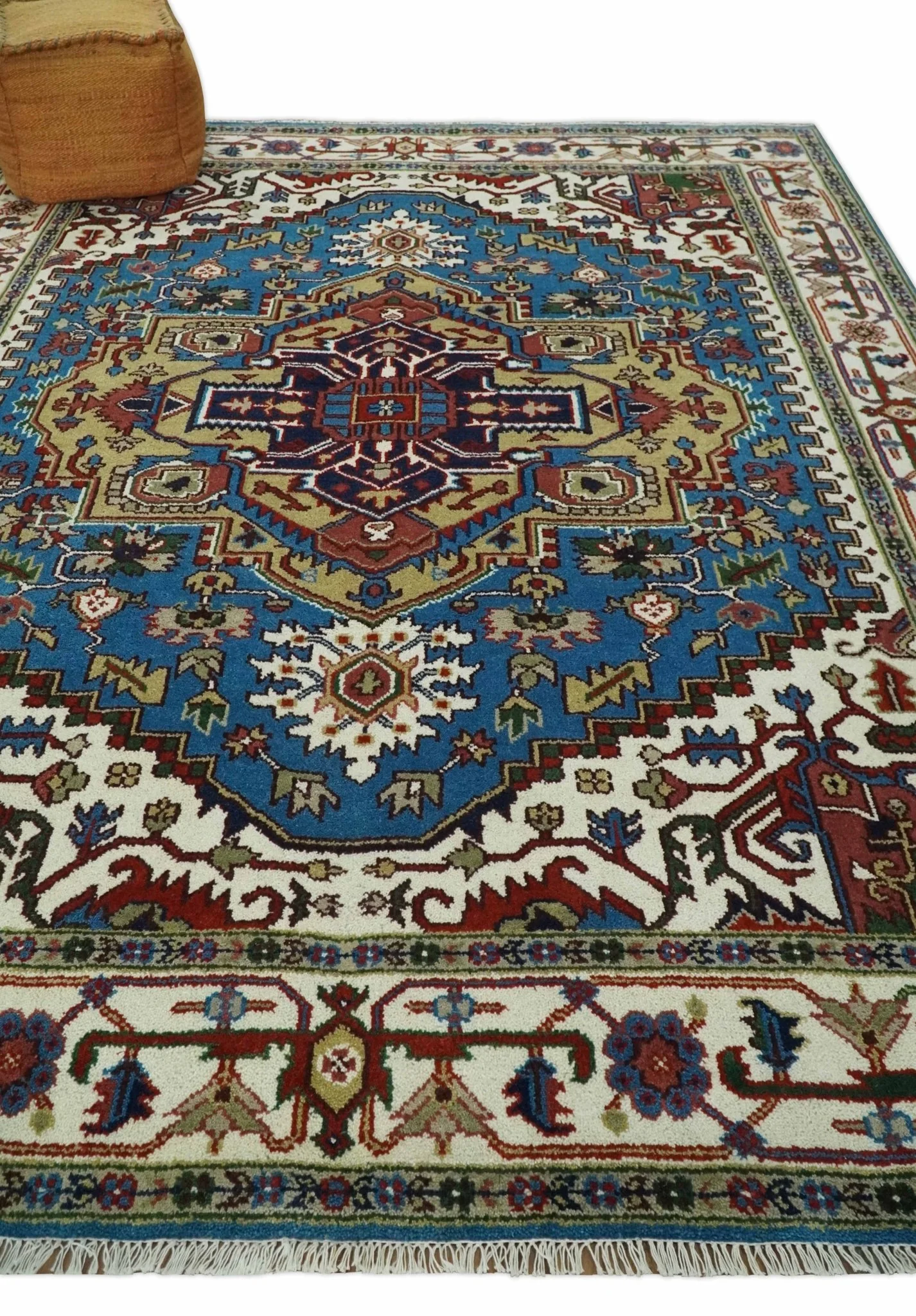 Custom Made Blue and Ivory Medallion Hand knotted Traditional wool Area Rug - Image 3