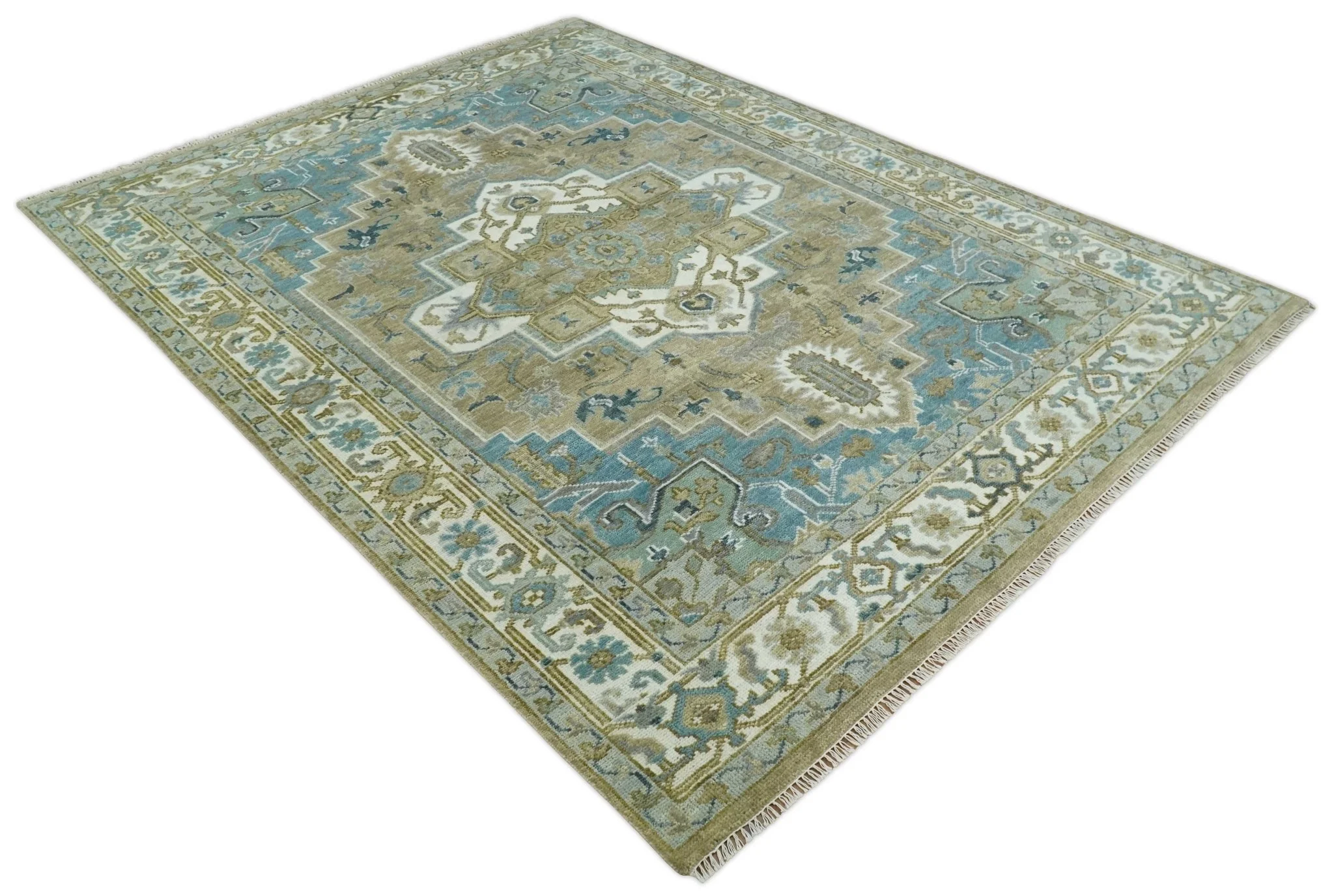 Antique Olive, Blue and Ivory Heriz Serapi Multi Size Wool Area Rug - Image 10