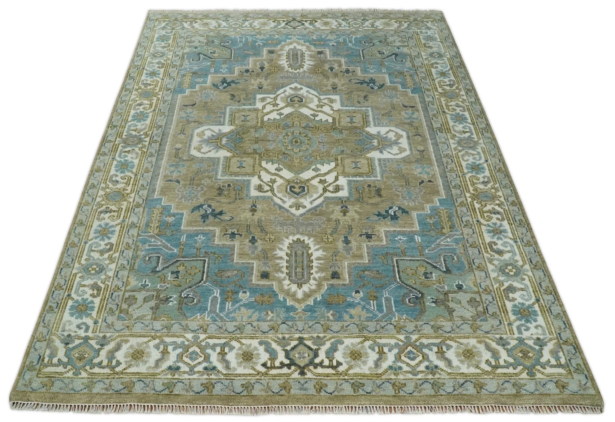 Antique Olive, Blue and Ivory Heriz Serapi Multi Size Wool Area Rug - Image 11
