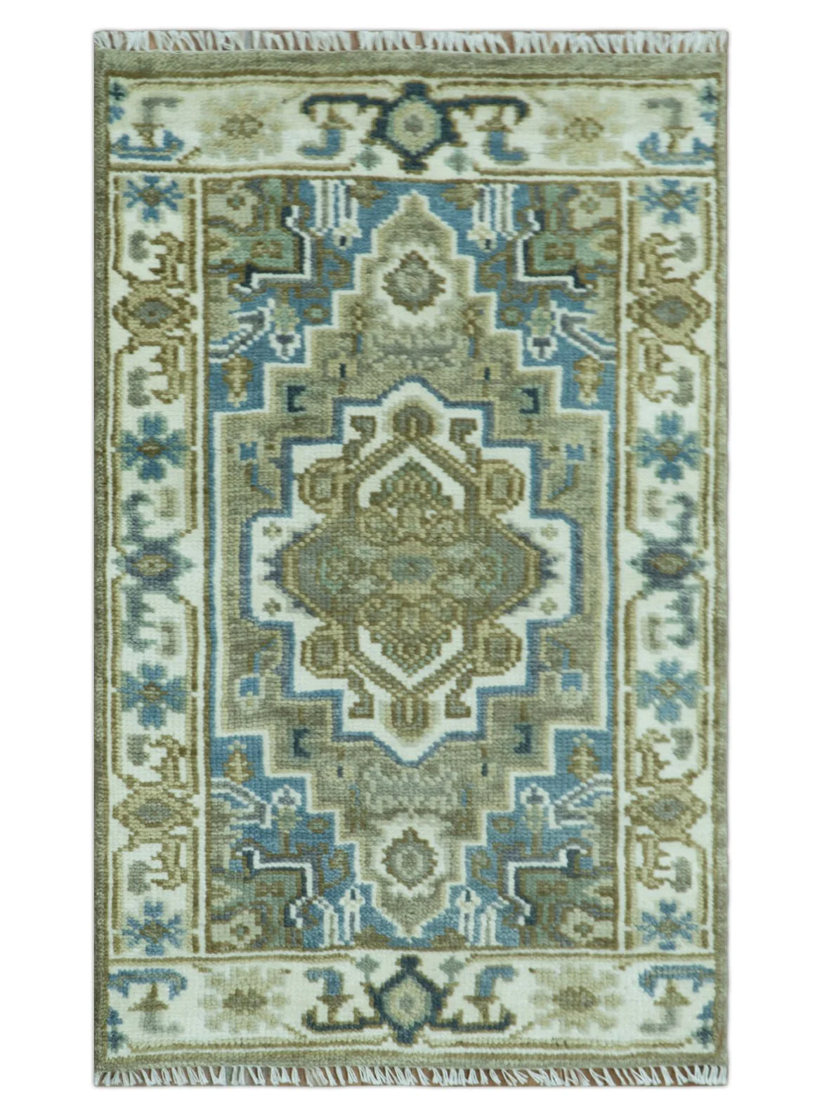 Antique Olive, Blue and Ivory Heriz Serapi Multi Size Wool Area Rug - Image 12
