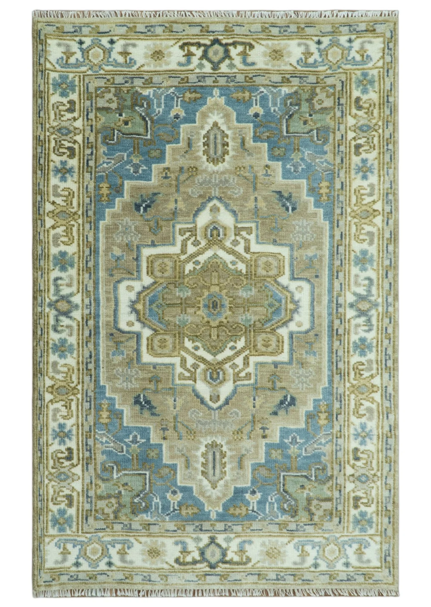 Antique Olive, Blue and Ivory Heriz Serapi Multi Size Wool Area Rug - Image 13