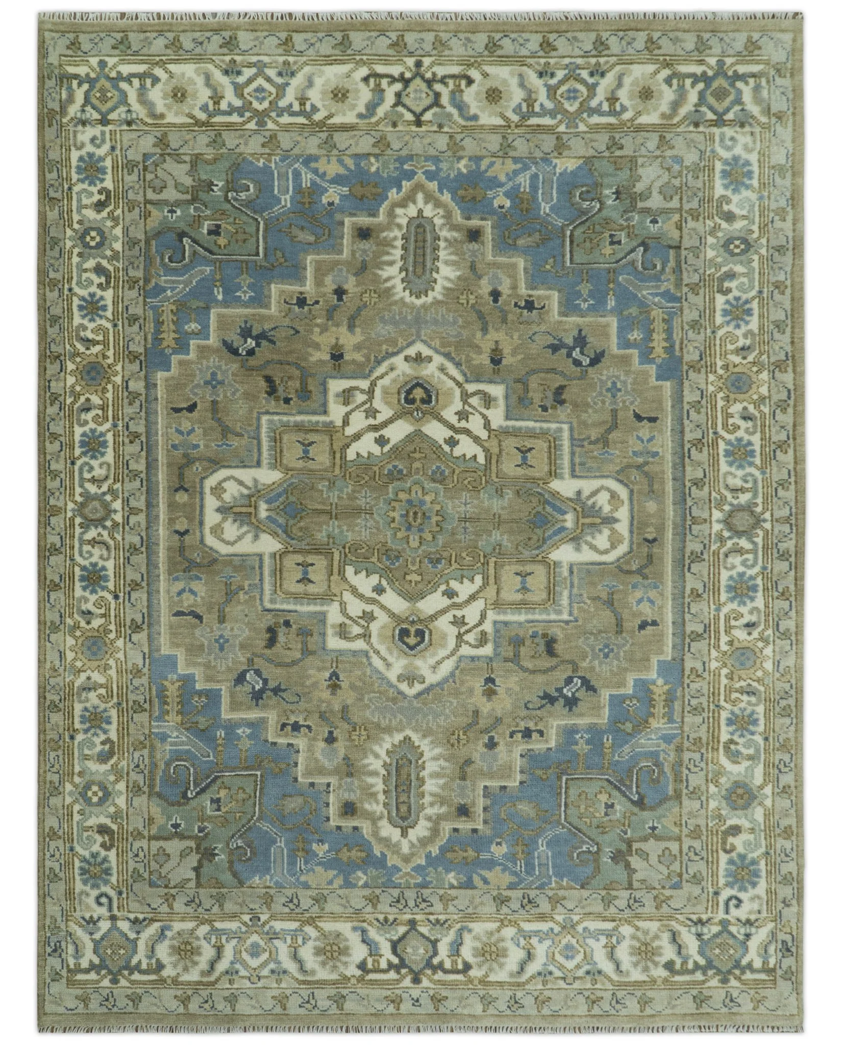 Antique Olive, Blue and Ivory Heriz Serapi Multi Size Wool Area Rug - Image 14