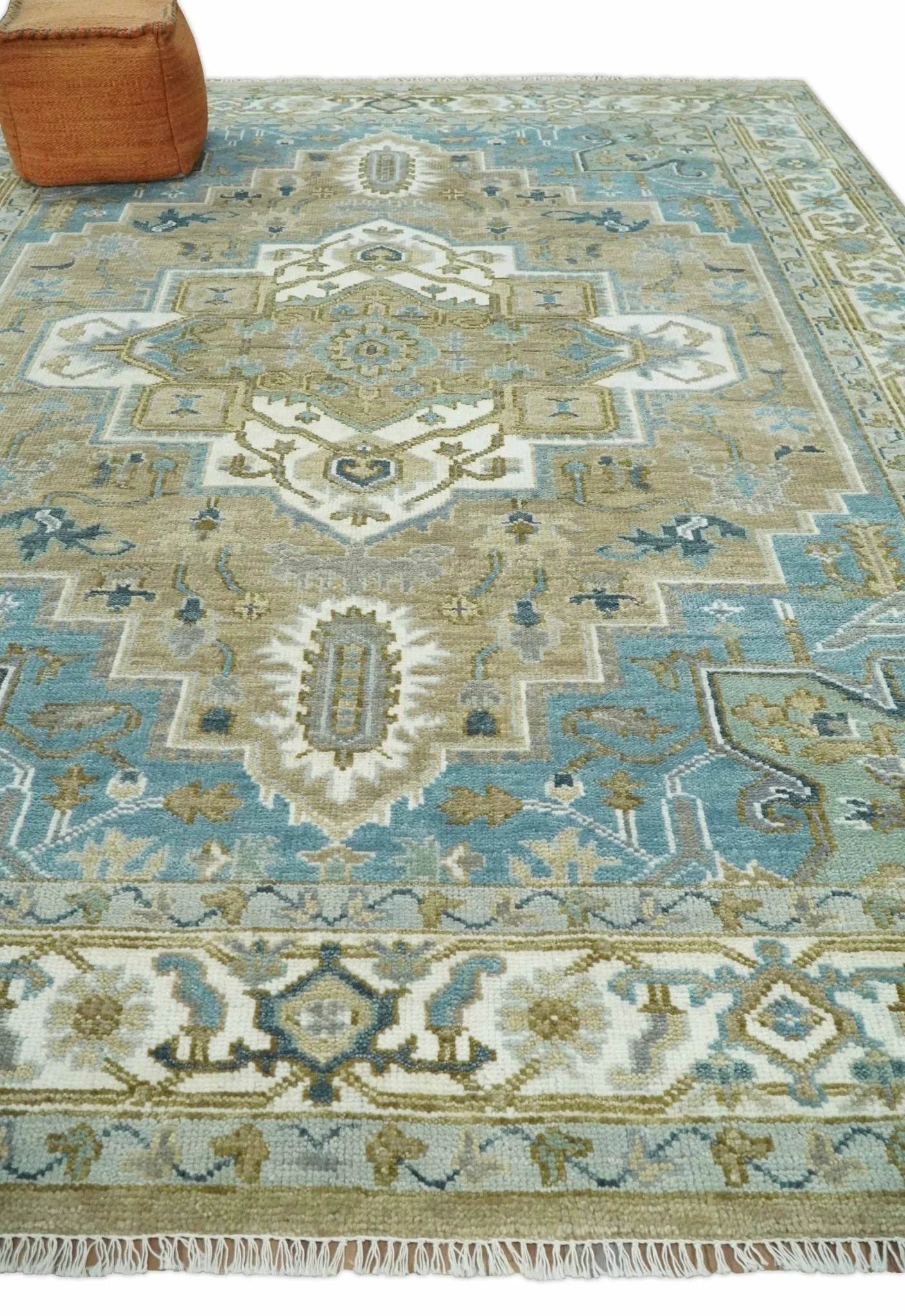Antique Olive, Blue and Ivory Heriz Serapi Multi Size Wool Area Rug - Image 2