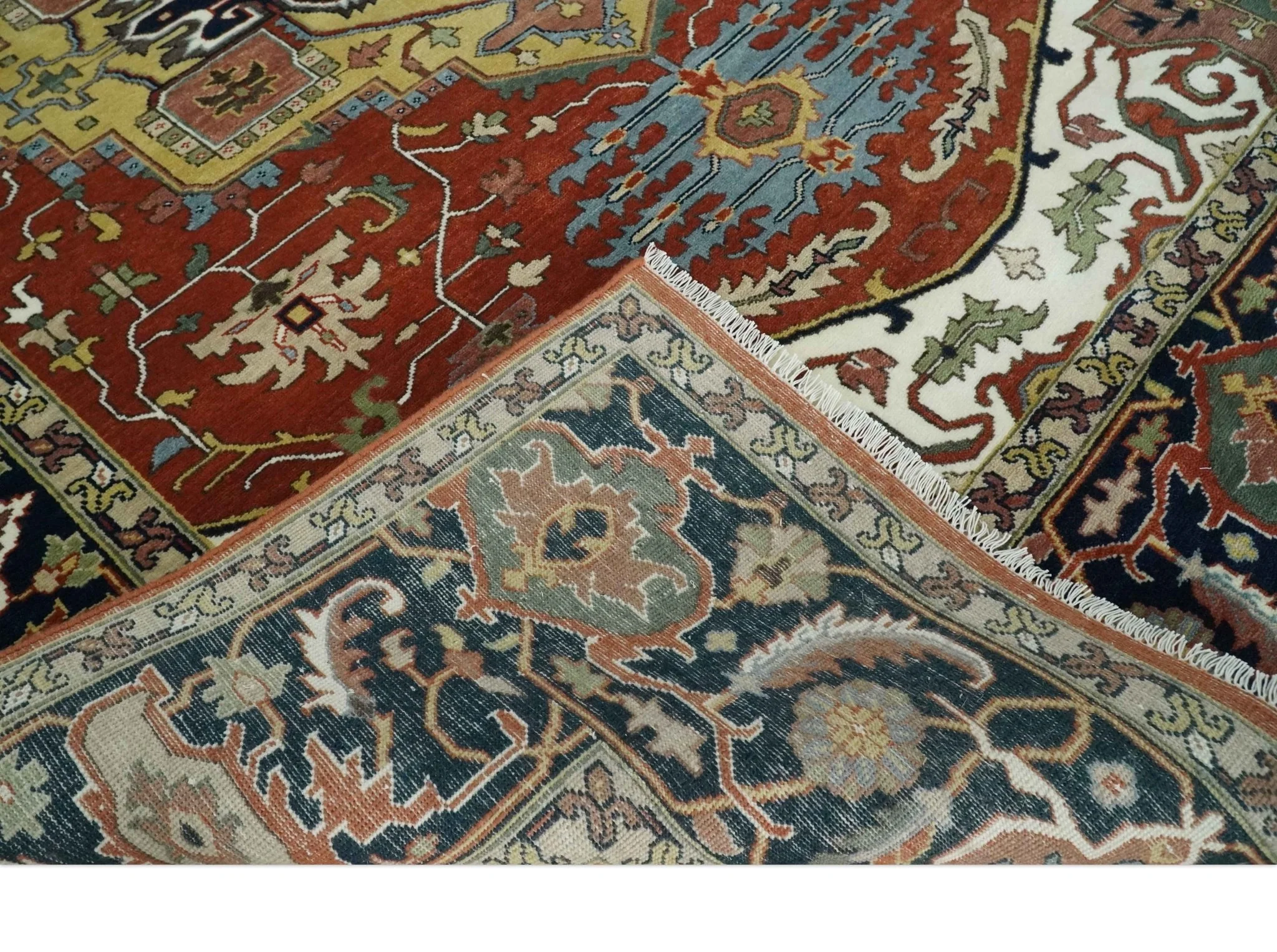 Fine Olive, Brown and Blue Traditional Floral Hand knotted look 8x10 wool Area Rug - Image 8