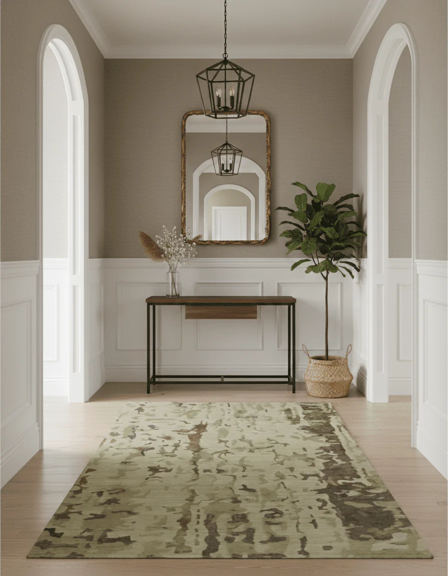 Olive, Brown and Charcoal Hand knotted 4x6 Abstract Wool and Art Silk Area Rug - Image 2