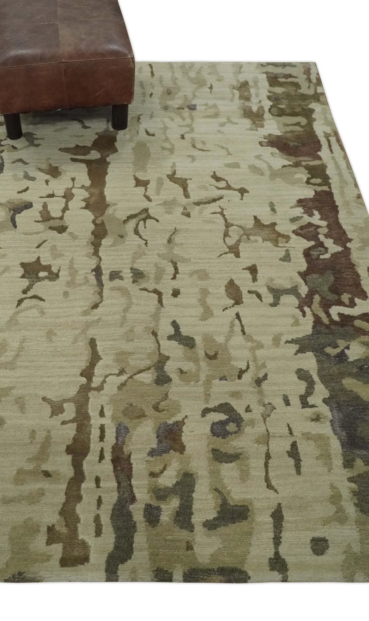 Olive, Brown and Charcoal Hand knotted 4x6 Abstract Wool and Art Silk Area Rug - Image 3