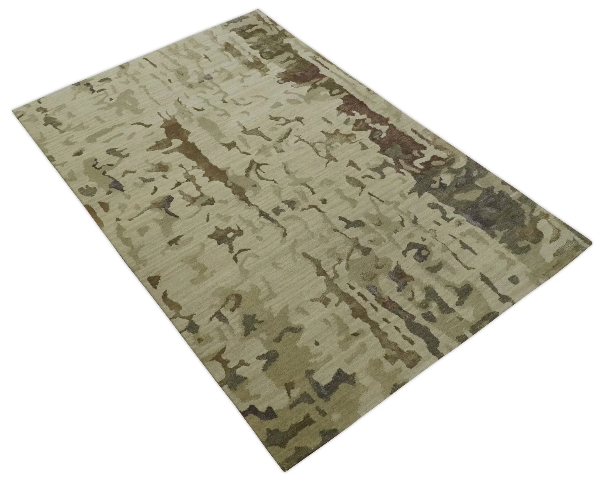 Olive, Brown and Charcoal Hand knotted 4x6 Abstract Wool and Art Silk Area Rug - Image 8