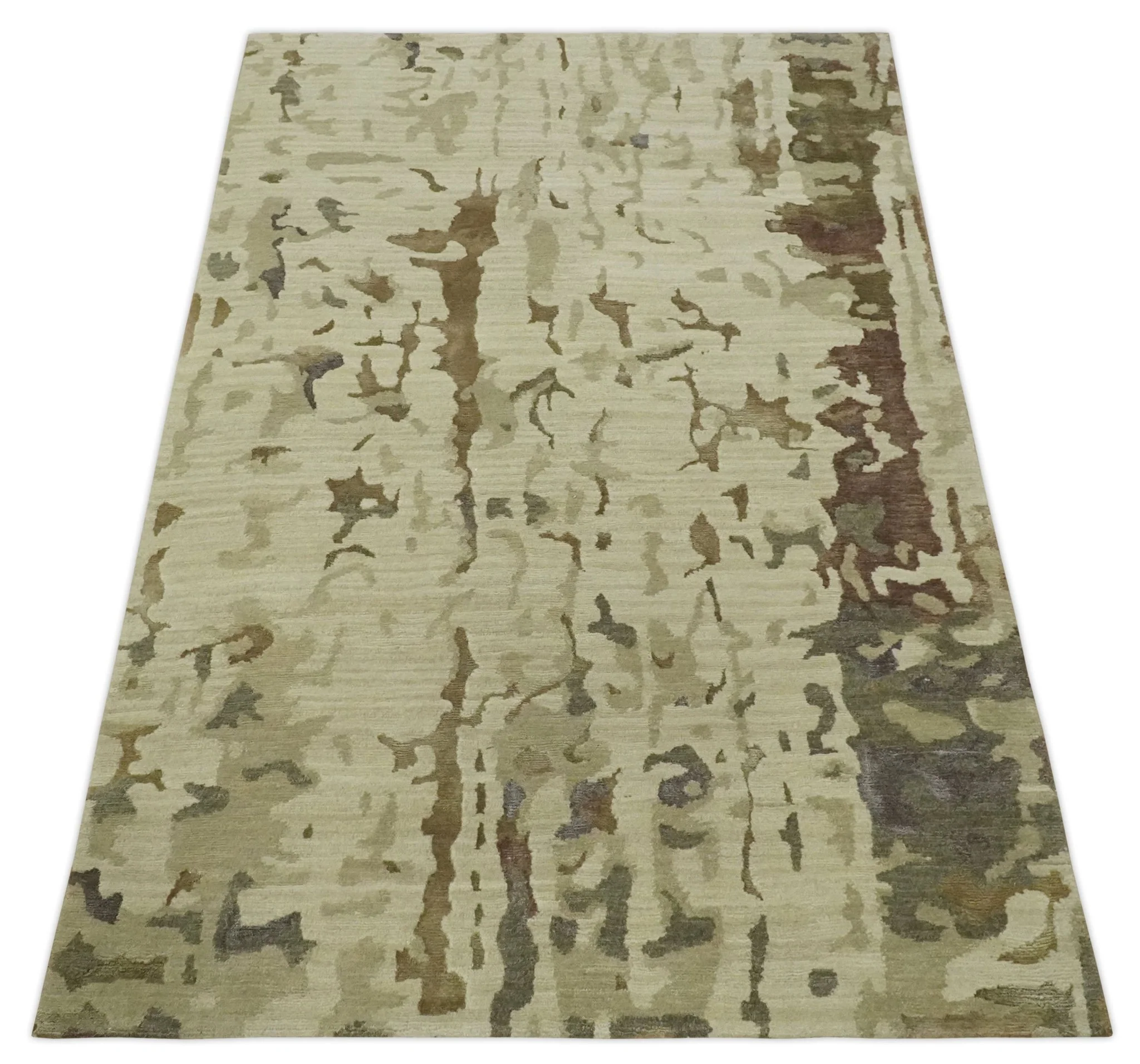 Olive, Brown and Charcoal Hand knotted 4x6 Abstract Wool and Art Silk Area Rug - Image 9