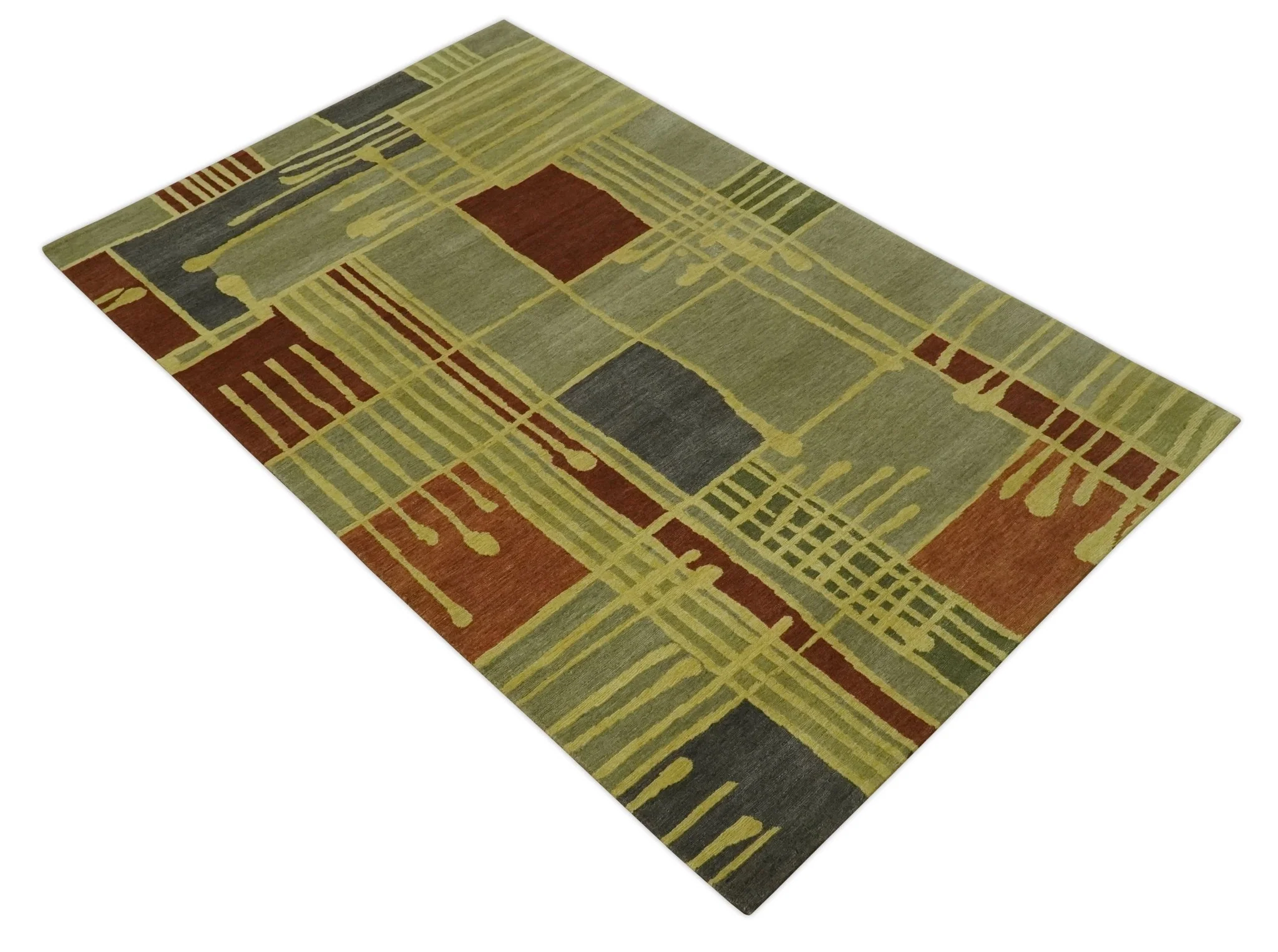 Olive, Brown and Gray Modern Geometrical Stripes Design Hand loom 5x8 wool Area Rug - Image 10