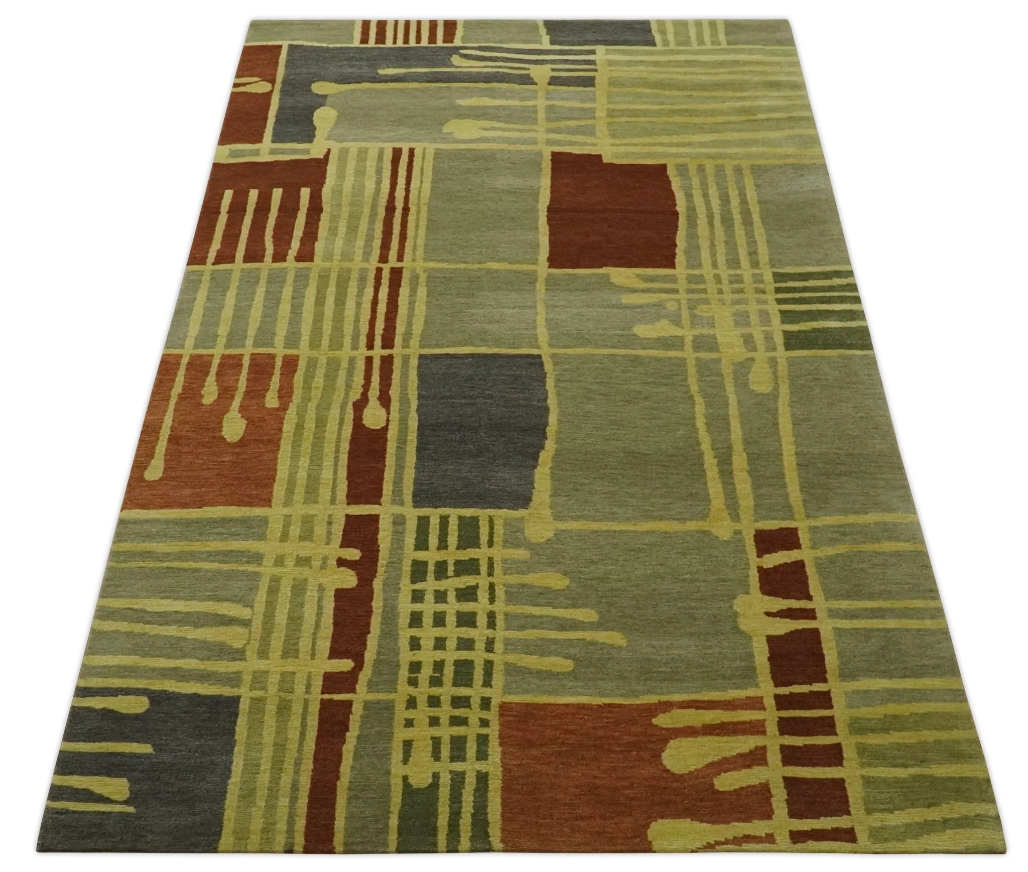 Olive, Brown and Gray Modern Geometrical Stripes Design Hand loom 5x8 wool Area Rug - Image 11
