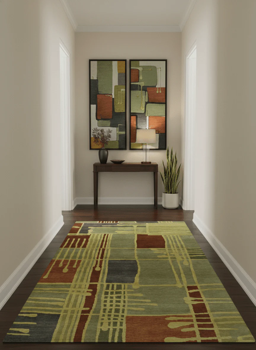 Olive, Brown and Gray Modern Geometrical Stripes Design Hand loom 5x8 wool Area Rug - Image 2