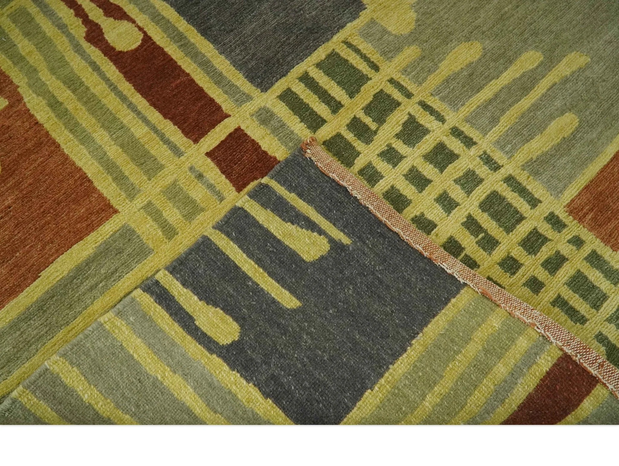 Olive, Brown and Gray Modern Geometrical Stripes Design Hand loom 5x8 wool Area Rug - Image 8
