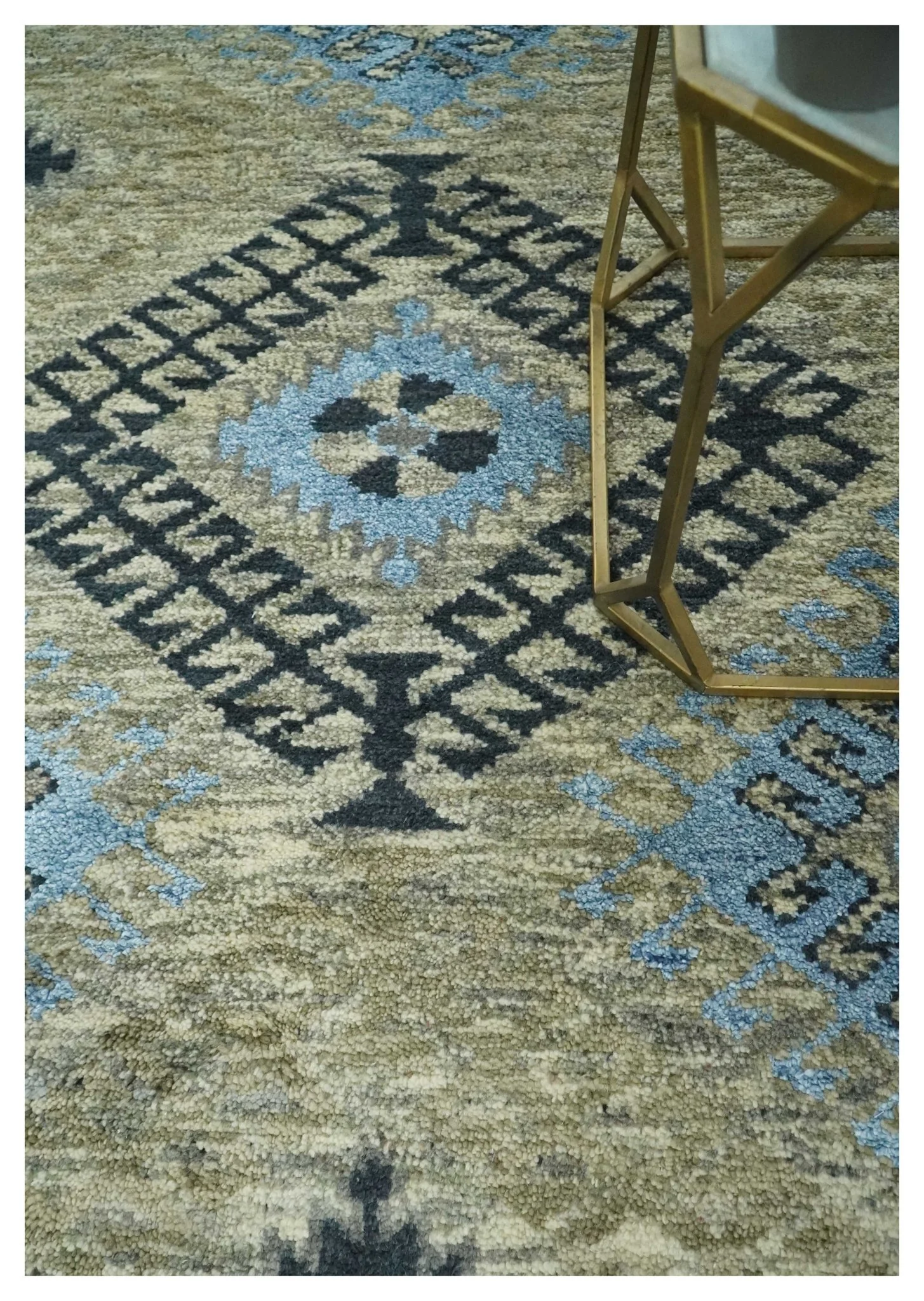 Olive, Charcoal and Blue Hand Knotted Traditional Mamluk Design 5x8 wool area Rug - Image 2