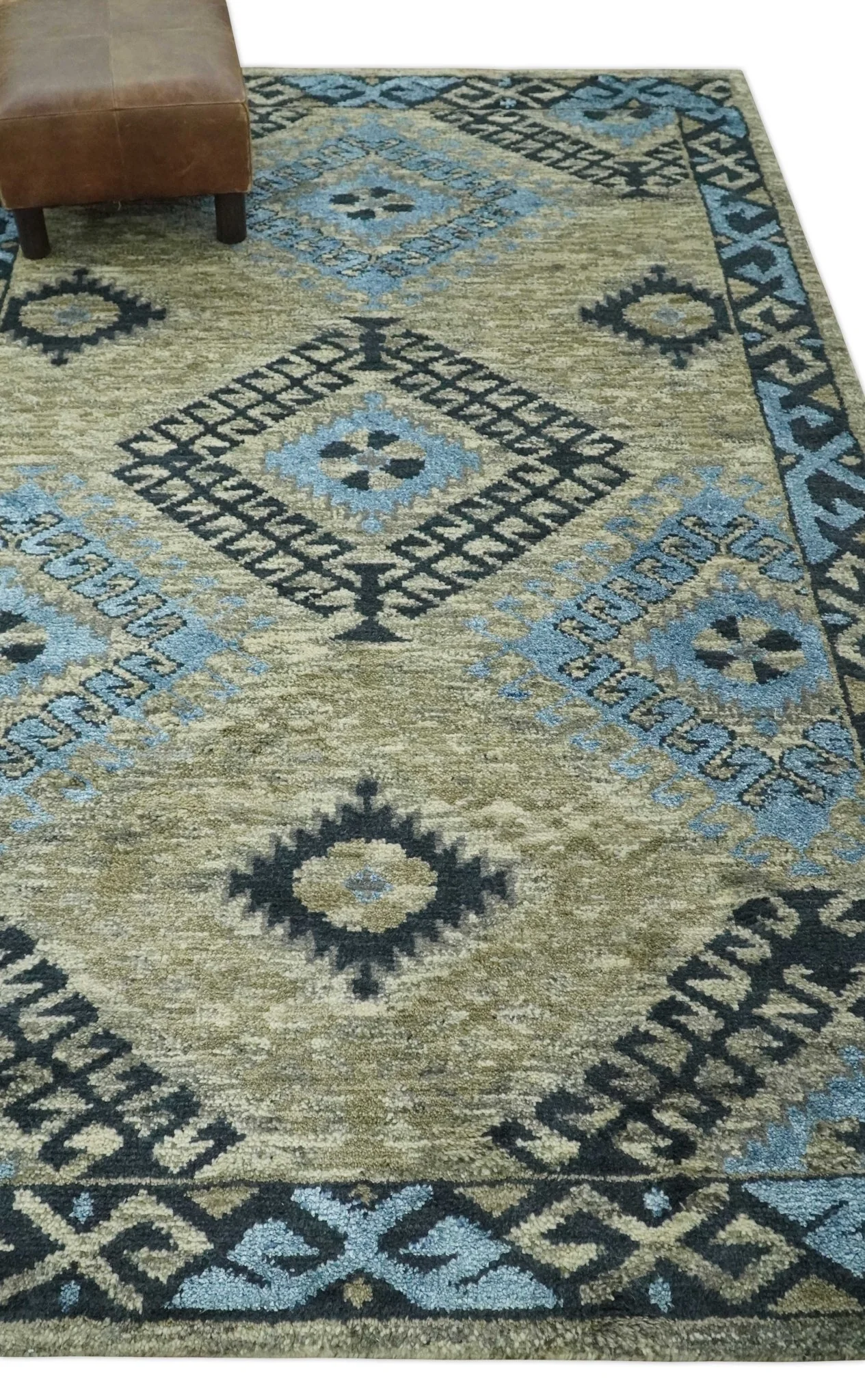 Olive, Charcoal and Blue Hand Knotted Traditional Mamluk Design 5x8 wool area Rug - Image 3