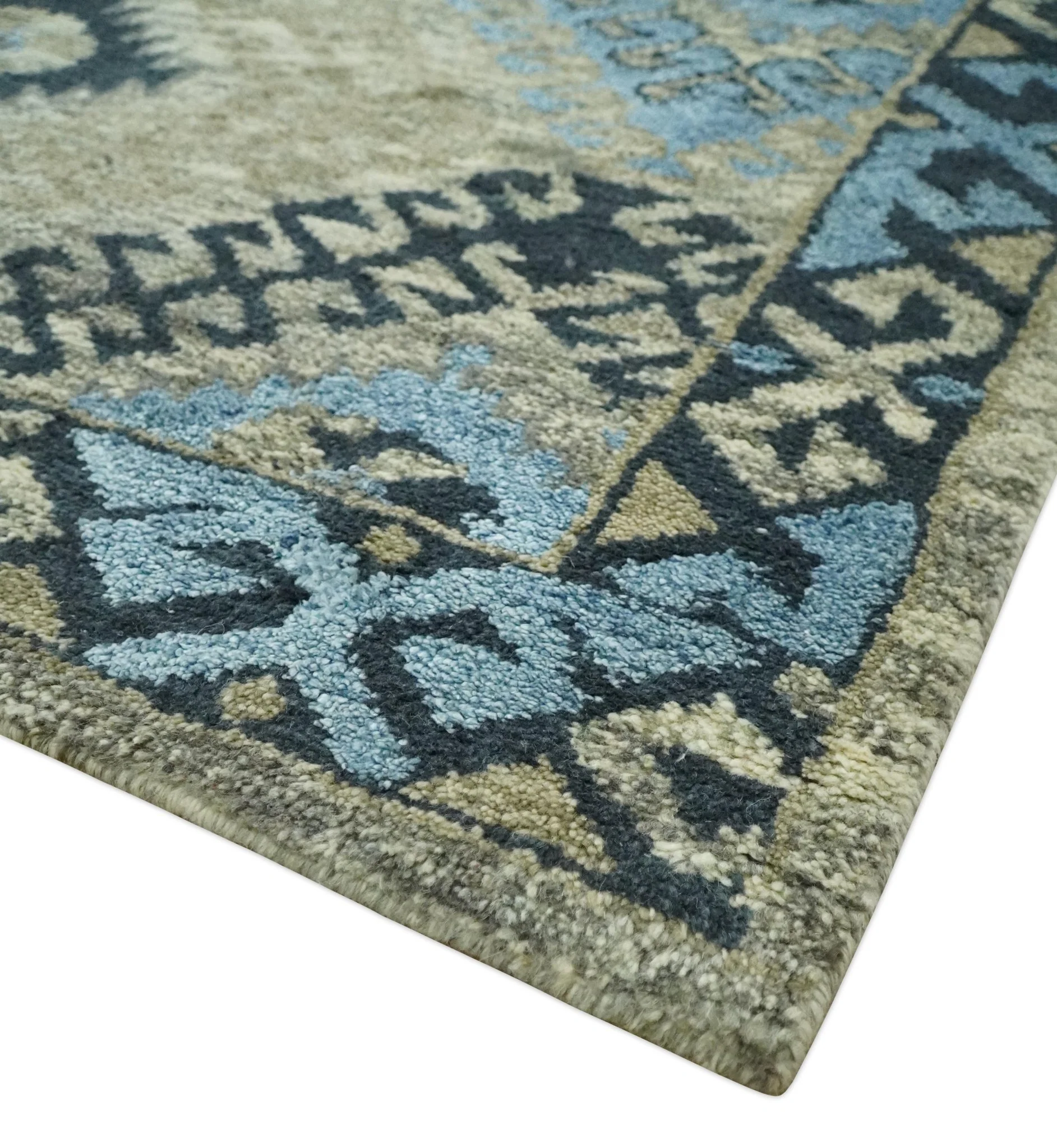 Olive, Charcoal and Blue Hand Knotted Traditional Mamluk Design 5x8 wool area Rug - Image 5