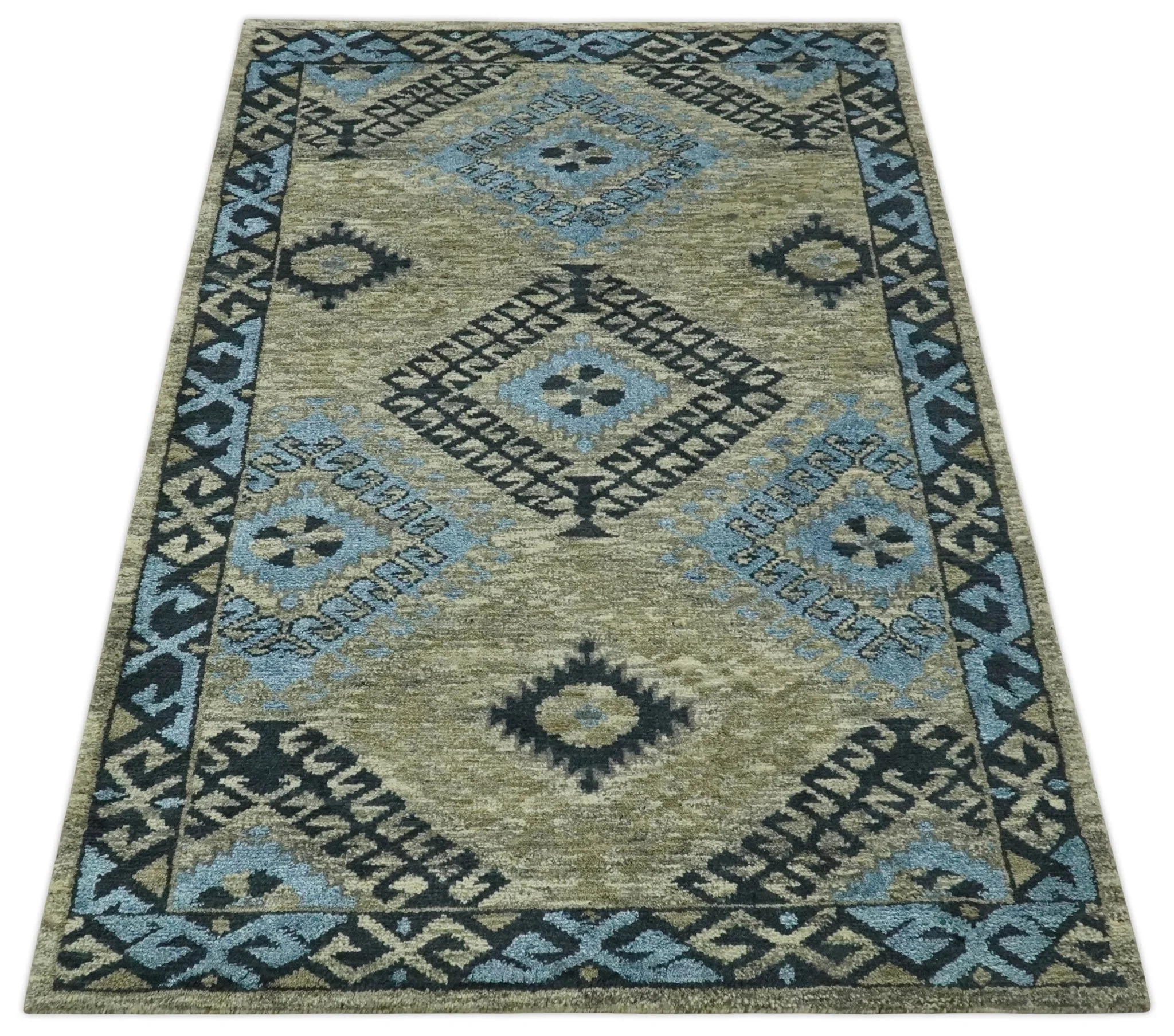 Olive, Charcoal and Blue Hand Knotted Traditional Mamluk Design 5x8 wool area Rug - Image 7