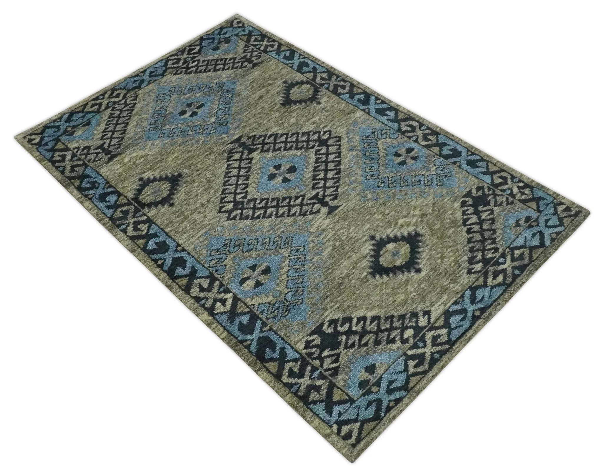 Olive, Charcoal and Blue Hand Knotted Traditional Mamluk Design 5x8 wool area Rug - Image 8