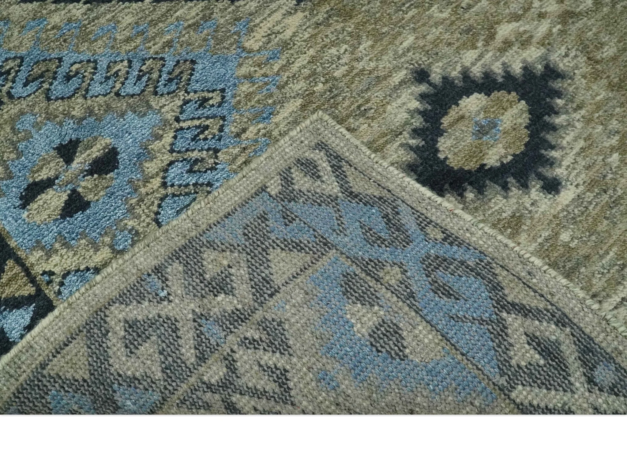 Olive, Charcoal and Blue Hand Knotted Traditional Mamluk Design 5x8 wool area Rug - Image 9