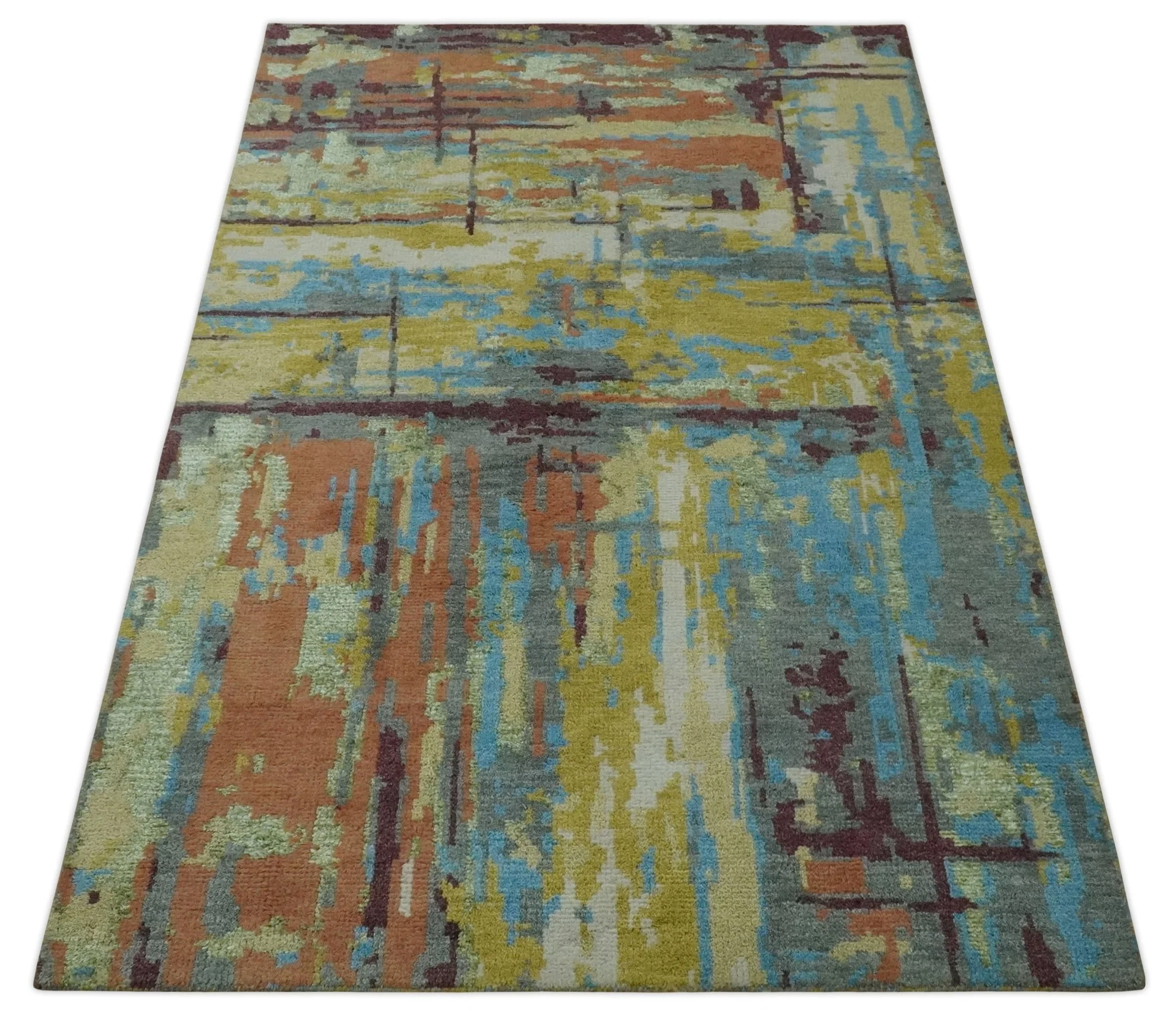 5x8 Olive, Dark Peach, Aqua and Maroon Modern Abstract Hand Knotted wool Area Rug - Image 10