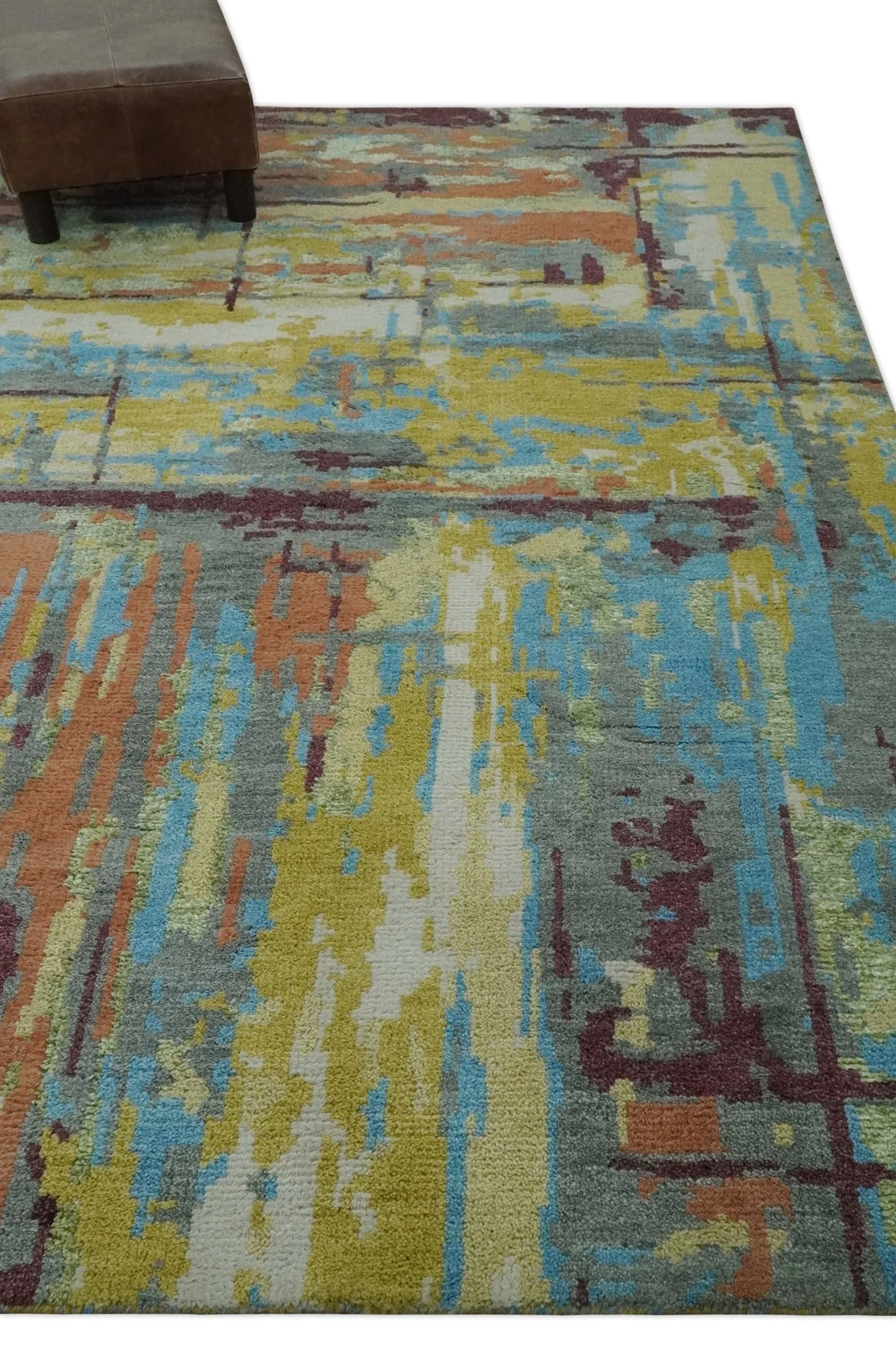 5x8 Olive, Dark Peach, Aqua and Maroon Modern Abstract Hand Knotted wool Area Rug - Image 3