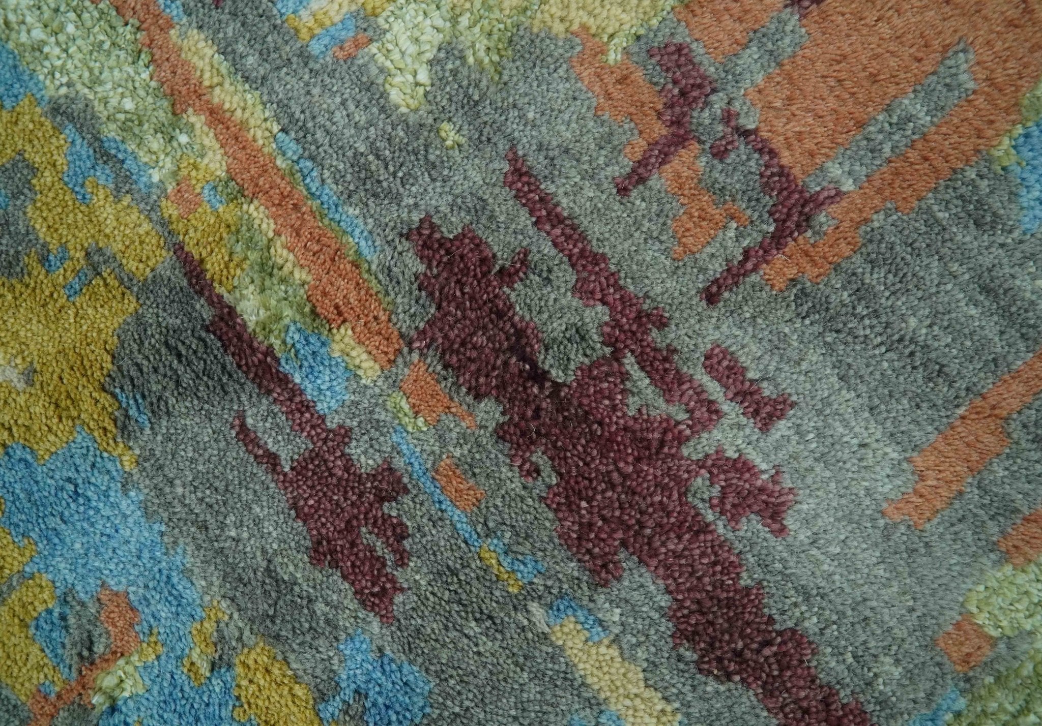 5x8 Olive, Dark Peach, Aqua and Maroon Modern Abstract Hand Knotted wool Area Rug - Image 4