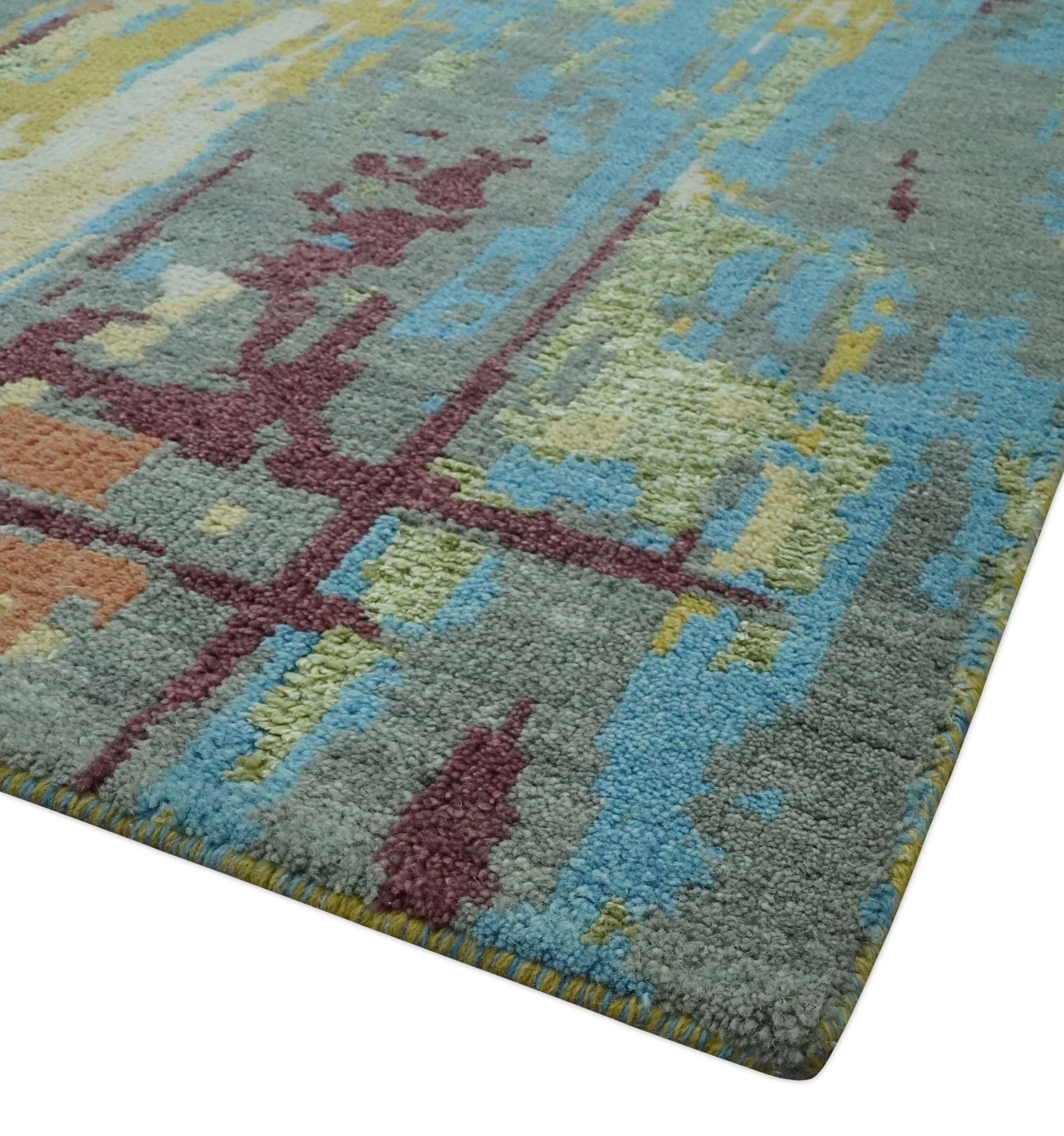 5x8 Olive, Dark Peach, Aqua and Maroon Modern Abstract Hand Knotted wool Area Rug - Image 5