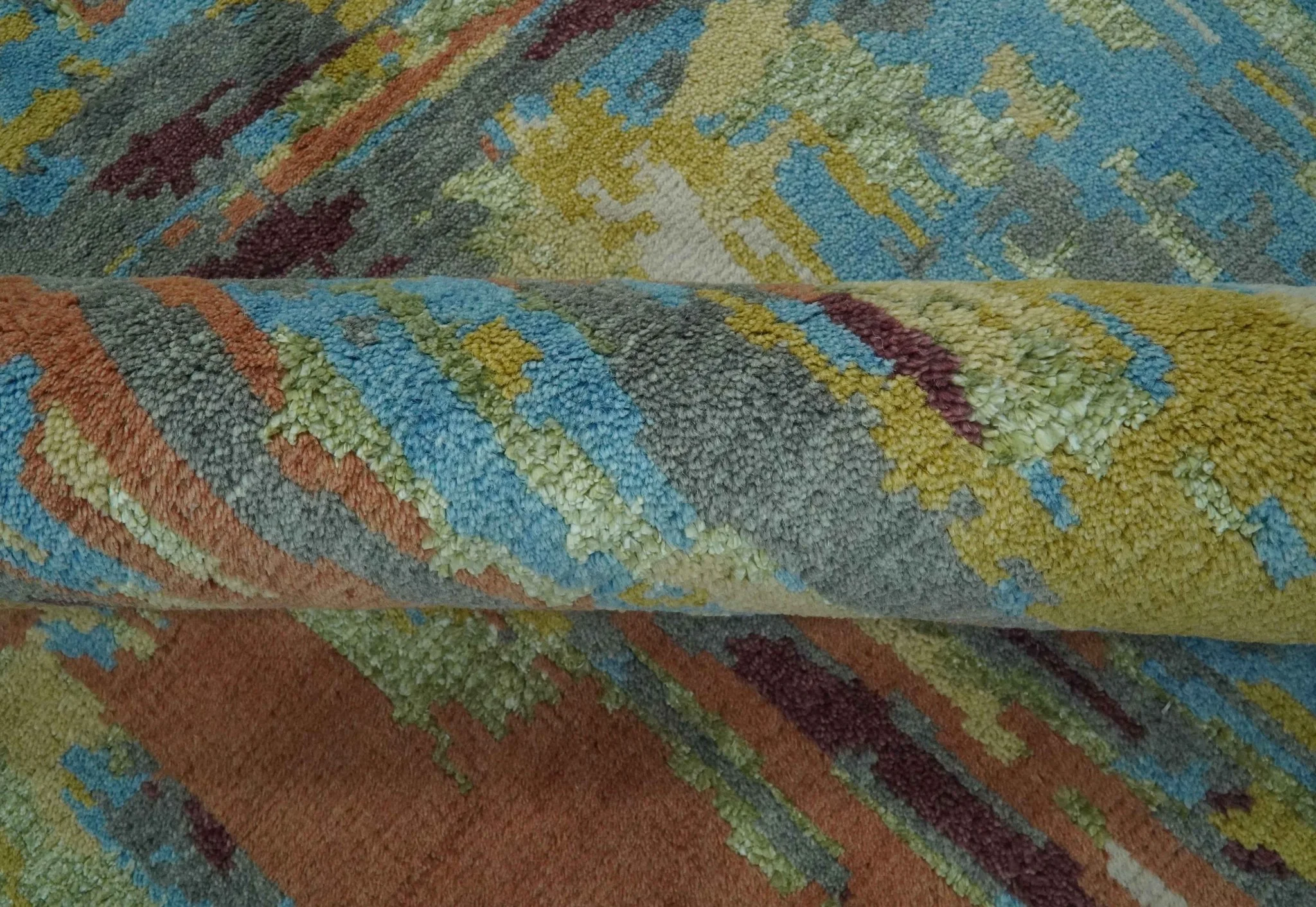 5x8 Olive, Dark Peach, Aqua and Maroon Modern Abstract Hand Knotted wool Area Rug - Image 6