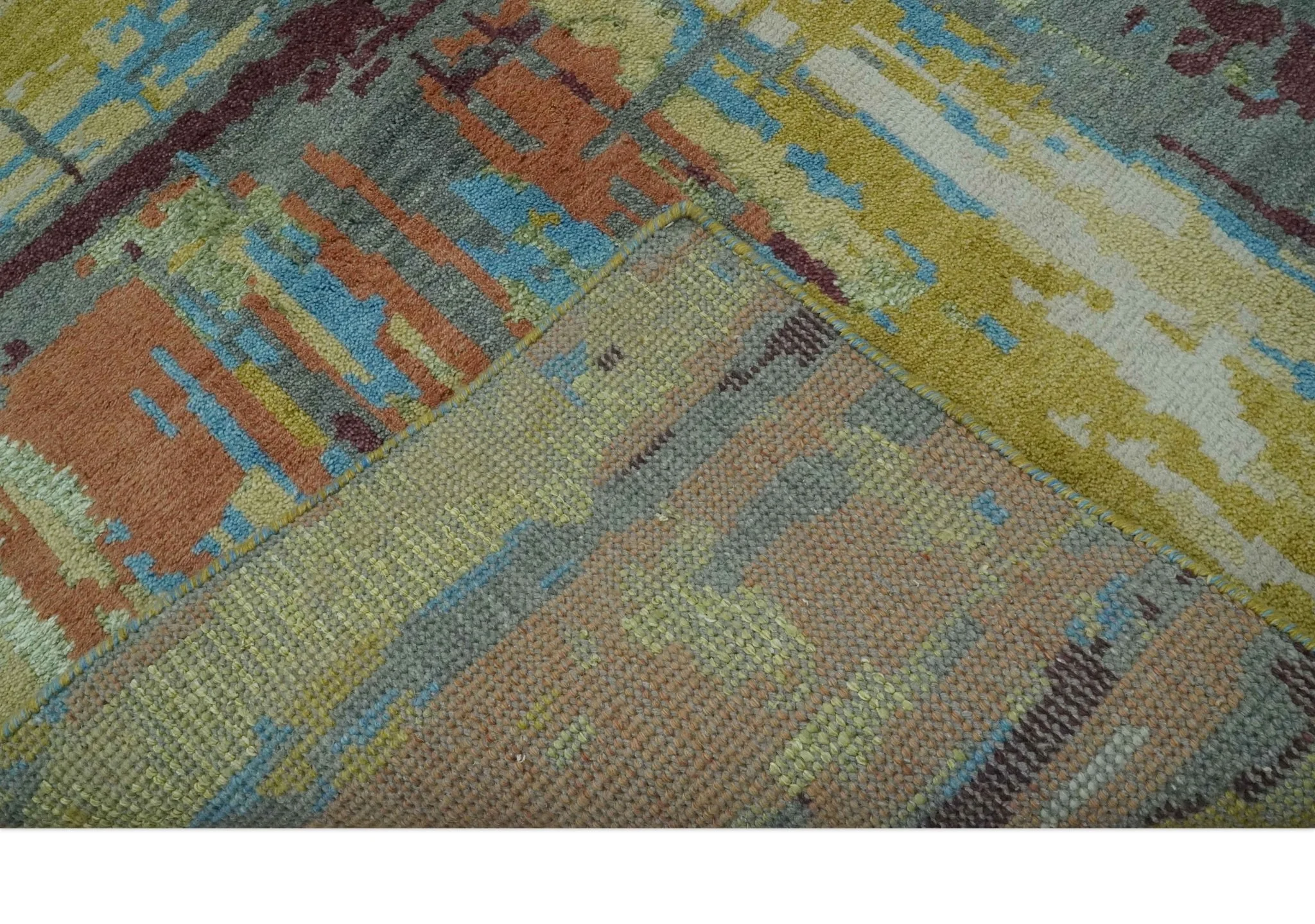 5x8 Olive, Dark Peach, Aqua and Maroon Modern Abstract Hand Knotted wool Area Rug - Image 7