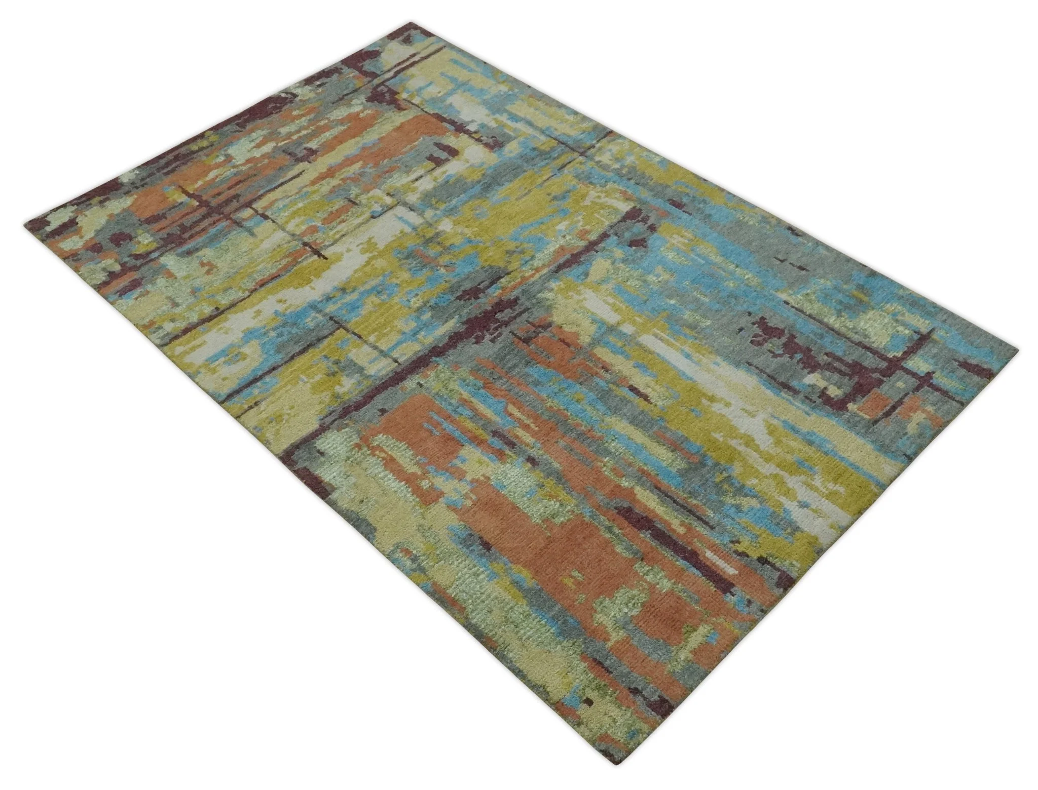 5x8 Olive, Dark Peach, Aqua and Maroon Modern Abstract Hand Knotted wool Area Rug - Image 9