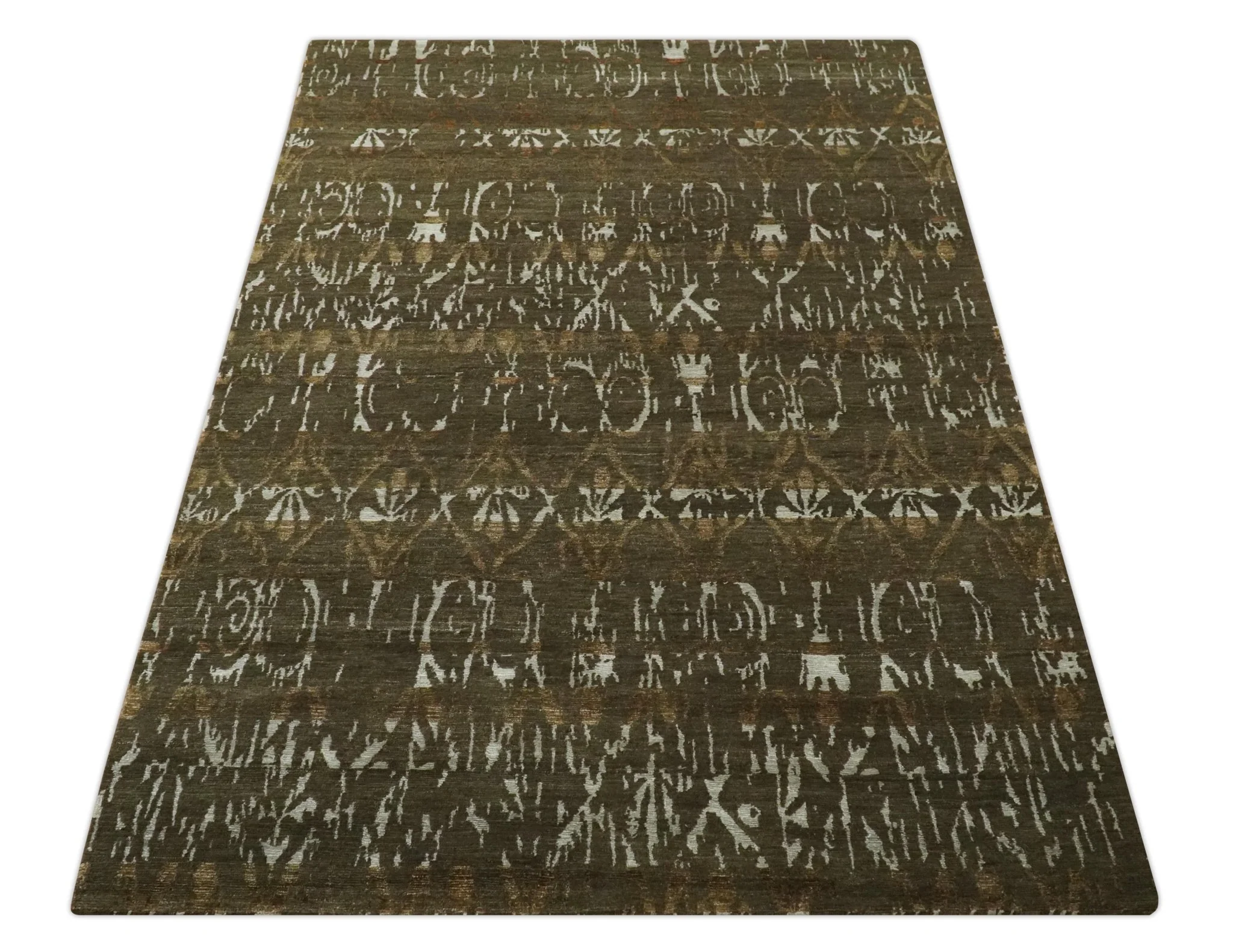 Olive, Ivory and Brown Hand Knotted Traditional Ikat Design 6x9 wool and Viscose area Rug - Image 10
