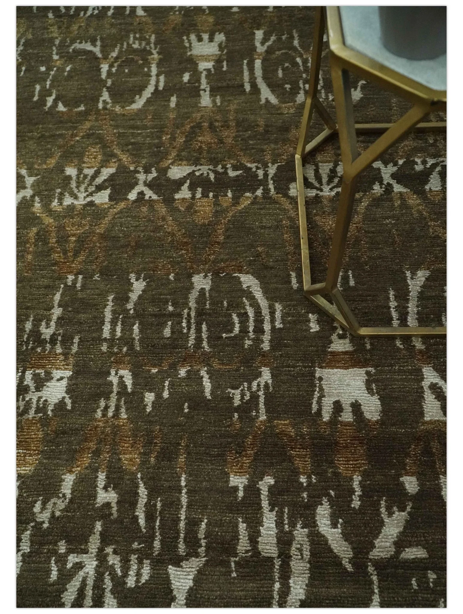 Olive, Ivory and Brown Hand Knotted Traditional Ikat Design 6x9 wool and Viscose area Rug - Image 2