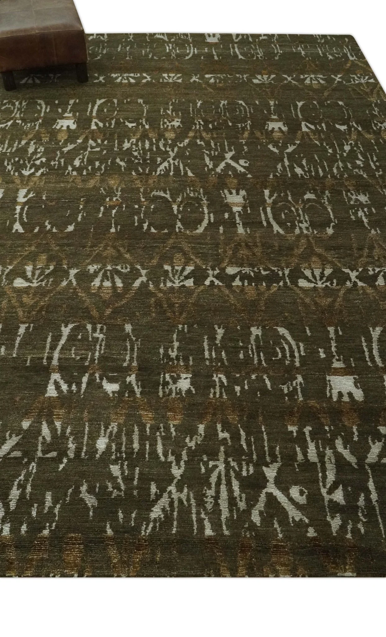Olive, Ivory and Brown Hand Knotted Traditional Ikat Design 6x9 wool and Viscose area Rug - Image 3