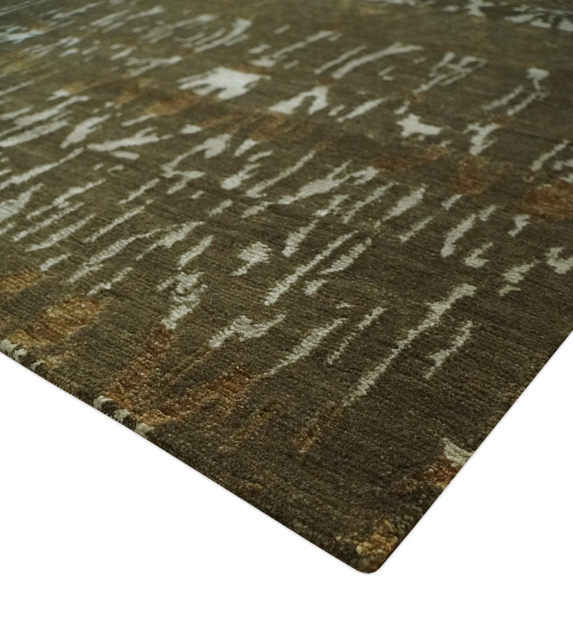 Olive, Ivory and Brown Hand Knotted Traditional Ikat Design 6x9 wool and Viscose area Rug - Image 5