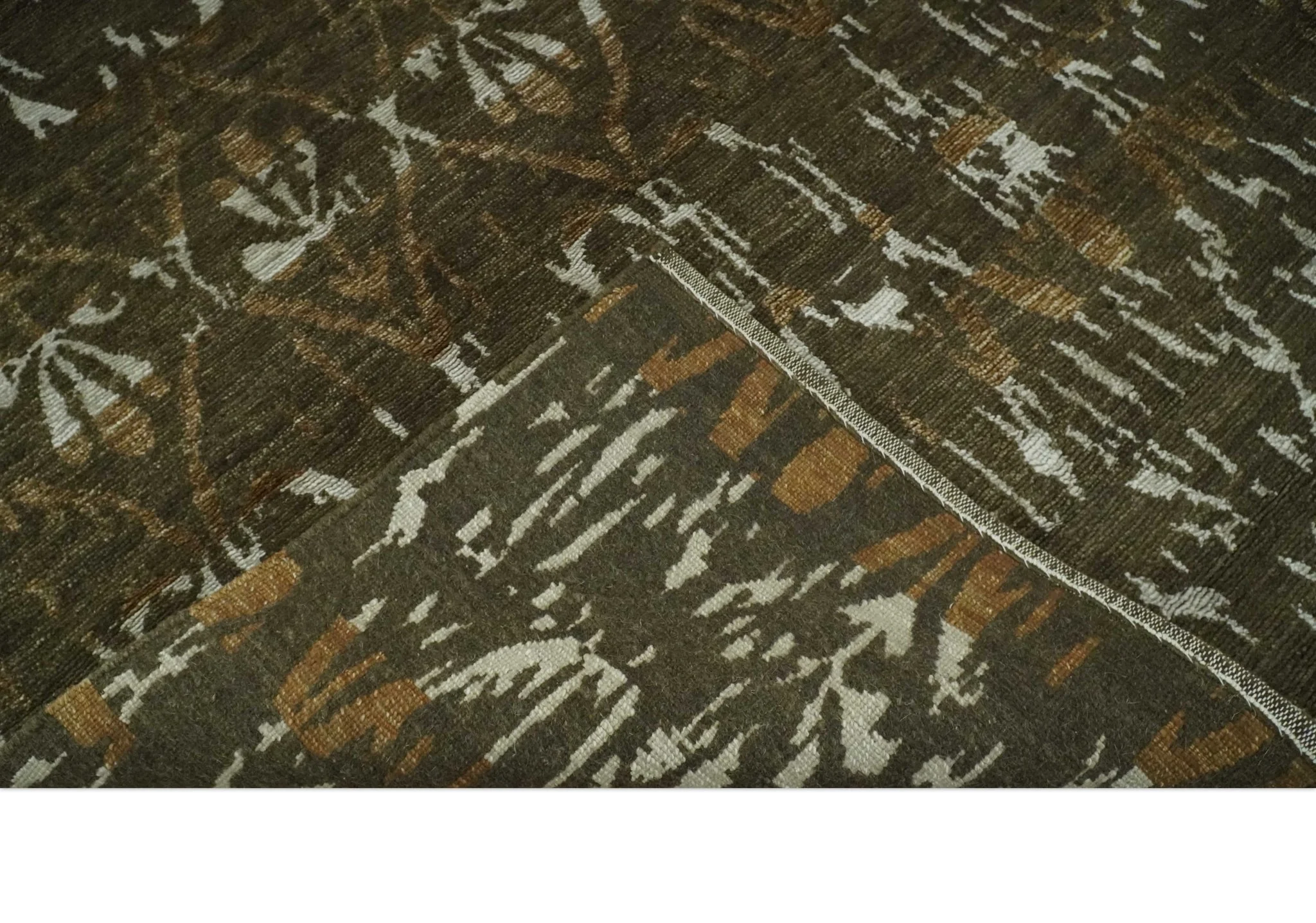 Olive, Ivory and Brown Hand Knotted Traditional Ikat Design 6x9 wool and Viscose area Rug - Image 7