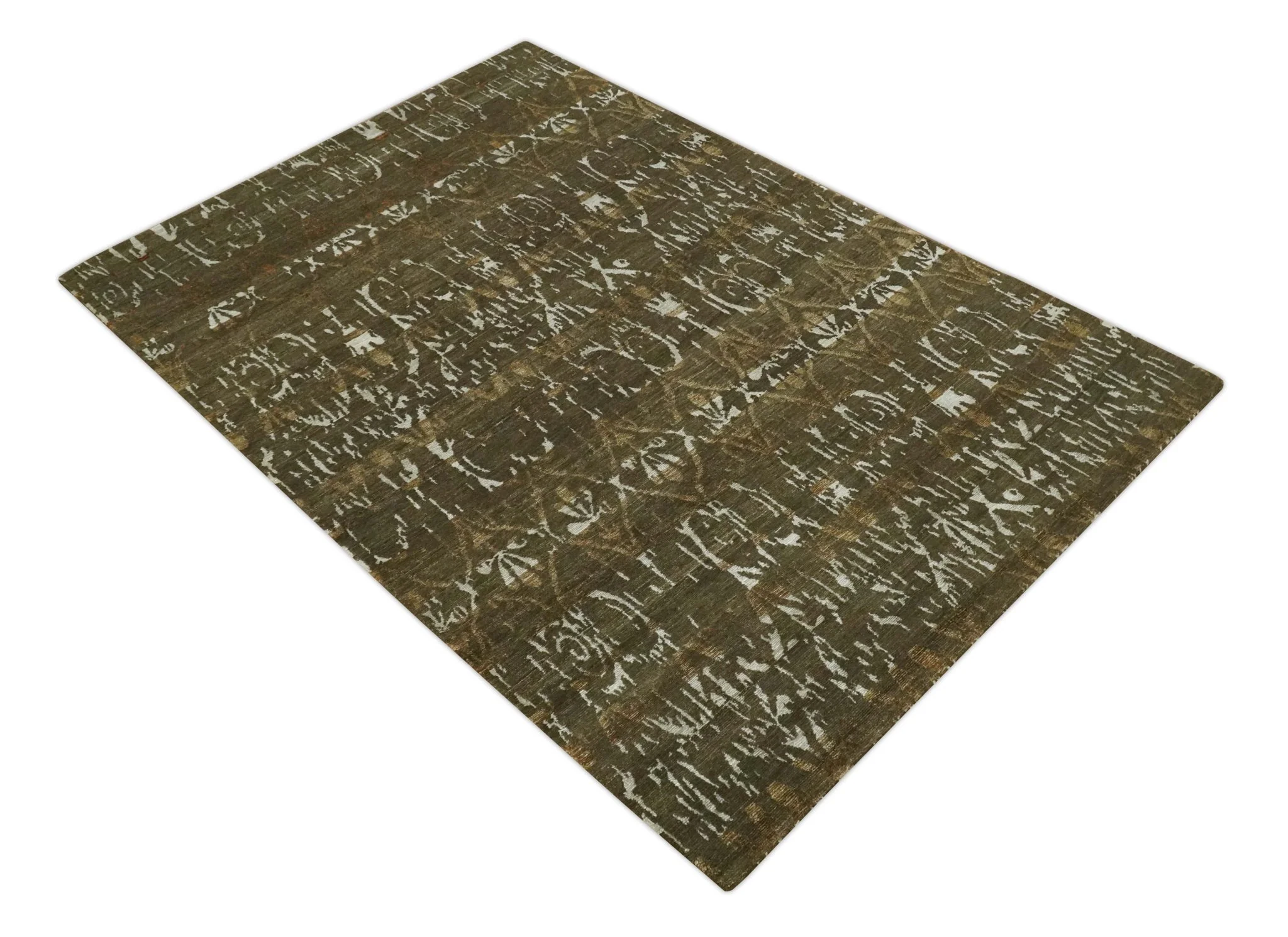 Olive, Ivory and Brown Hand Knotted Traditional Ikat Design 6x9 wool and Viscose area Rug - Image 9