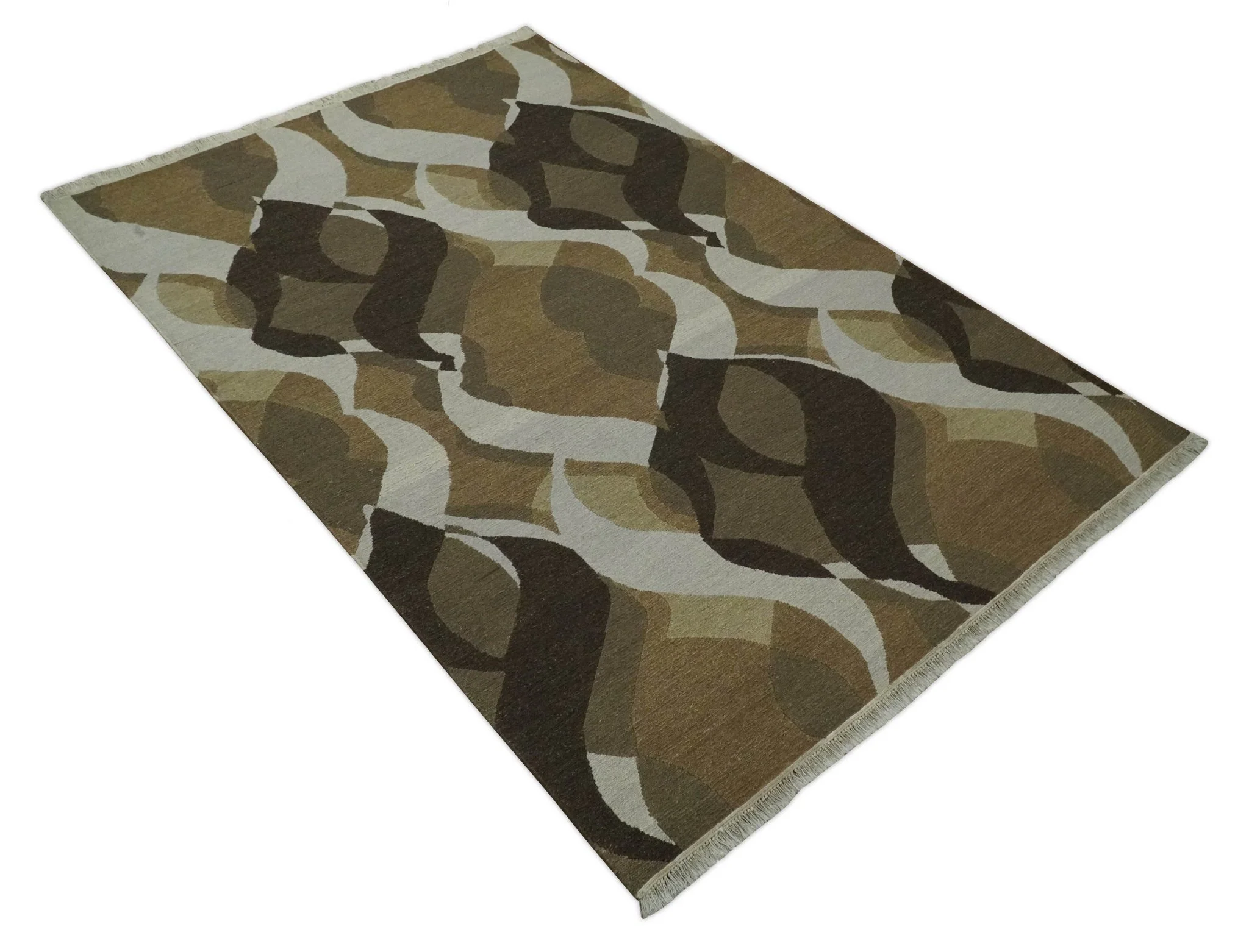 Olive, Ivory and Charcoal 6x9 Modern Abstract Hand Woven Soumak Dhurrie Wool Area Rug - Image 10