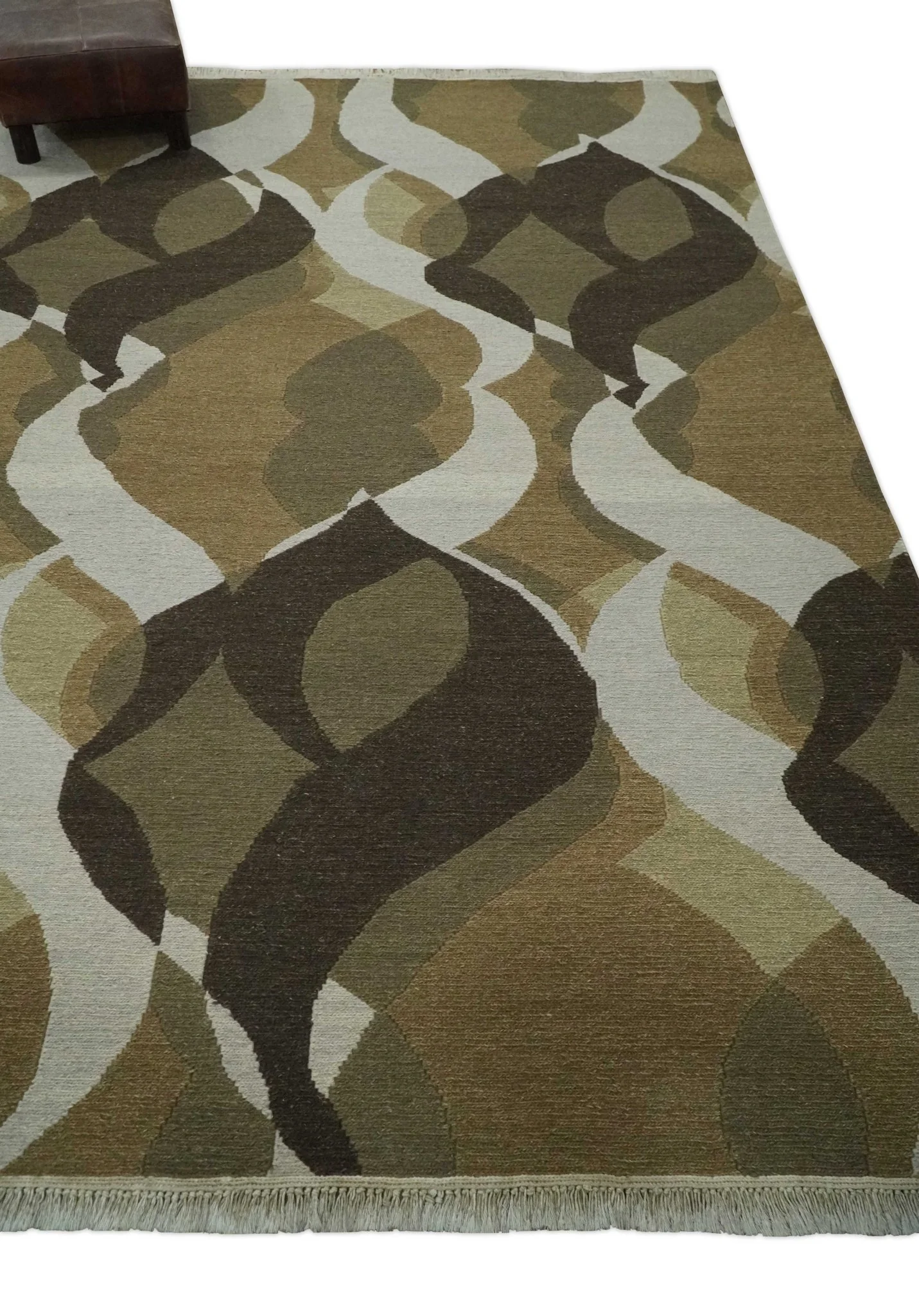 Olive, Ivory and Charcoal 6x9 Modern Abstract Hand Woven Soumak Dhurrie Wool Area Rug - Image 3