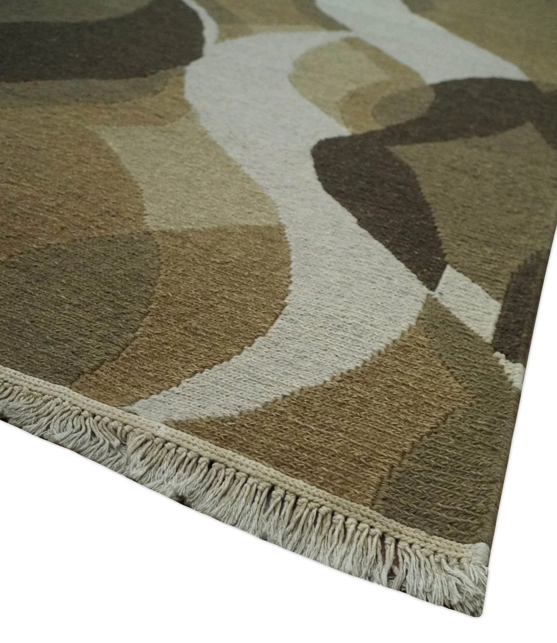 Olive, Ivory and Charcoal 6x9 Modern Abstract Hand Woven Soumak Dhurrie Wool Area Rug - Image 5
