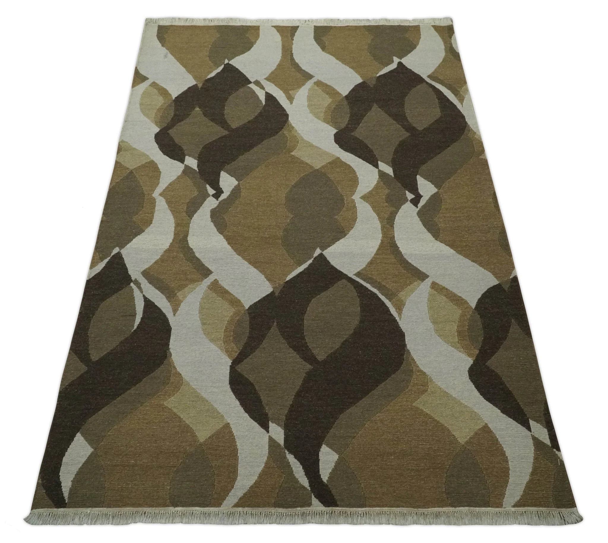 Olive, Ivory and Charcoal 6x9 Modern Abstract Hand Woven Soumak Dhurrie Wool Area Rug - Image 9
