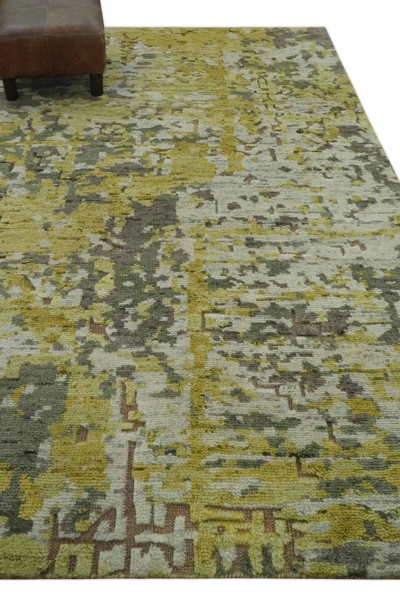 Olive, Ivory and Gray Modern abstract Hand Knotted 5x8 wool Area Rug - Image 3
