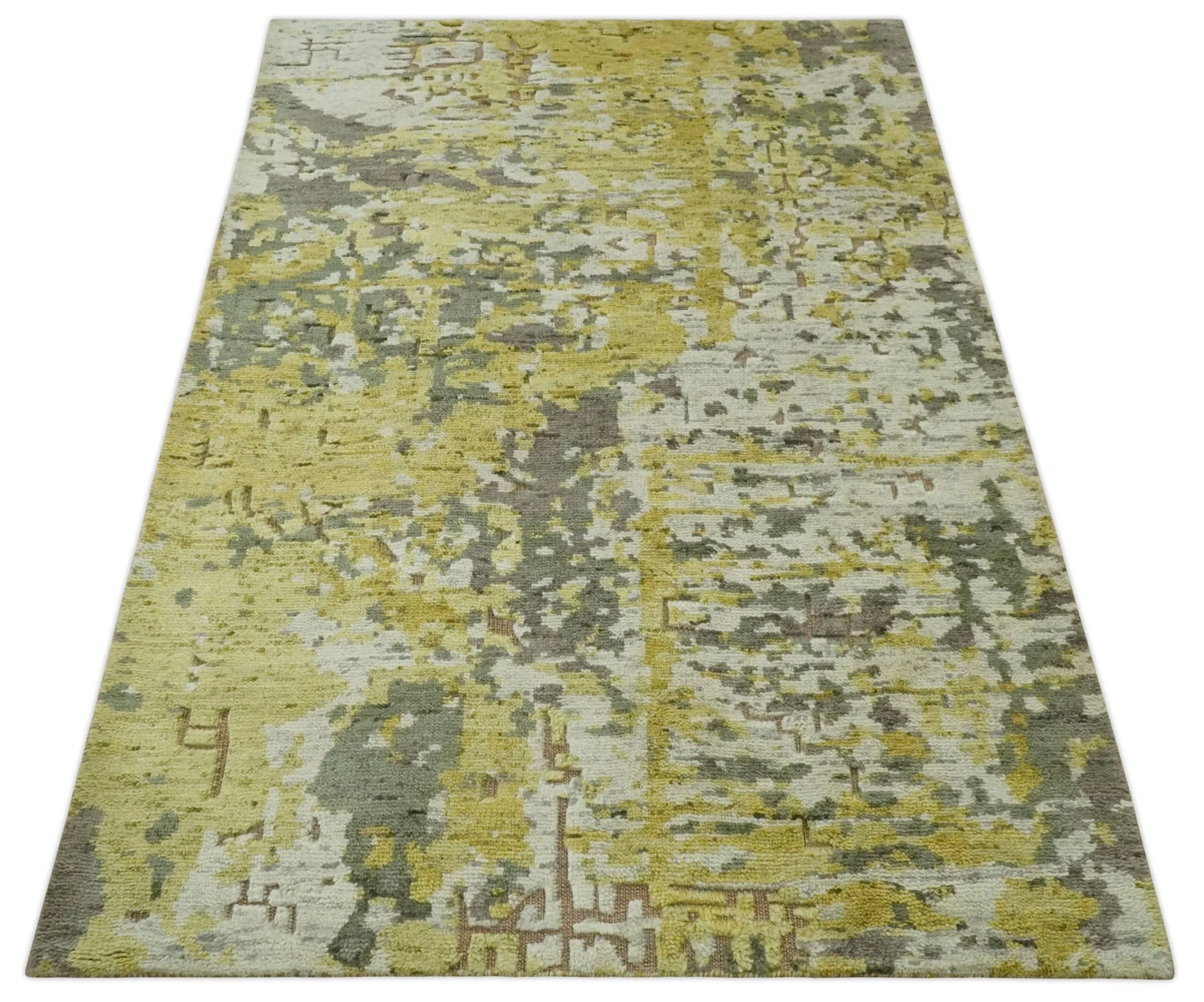 Olive, Ivory and Gray Modern abstract Hand Knotted 5x8 wool Area Rug - Image 9