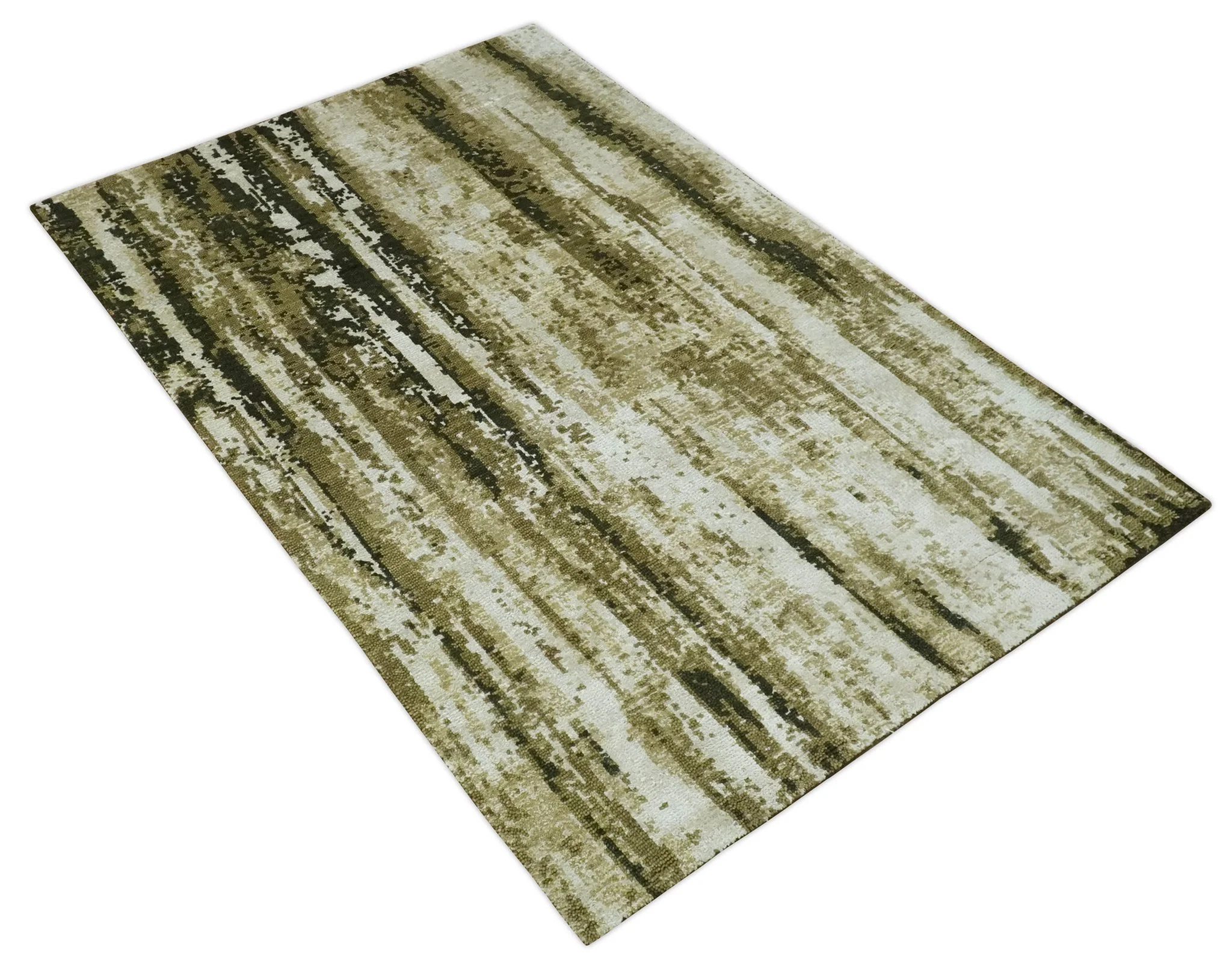 Modern Abstract Olive, ivory and Green Hand Knotted 5x8 wool and Art Silk Area Rug - Image 10