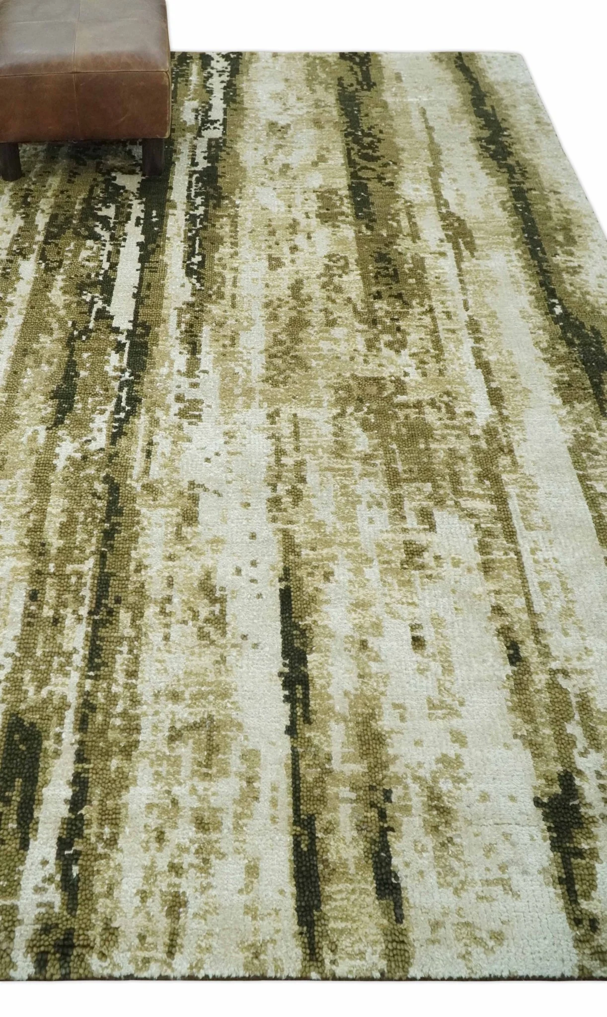 Modern Abstract Olive, ivory and Green Hand Knotted 5x8 wool and Art Silk Area Rug - Image 3